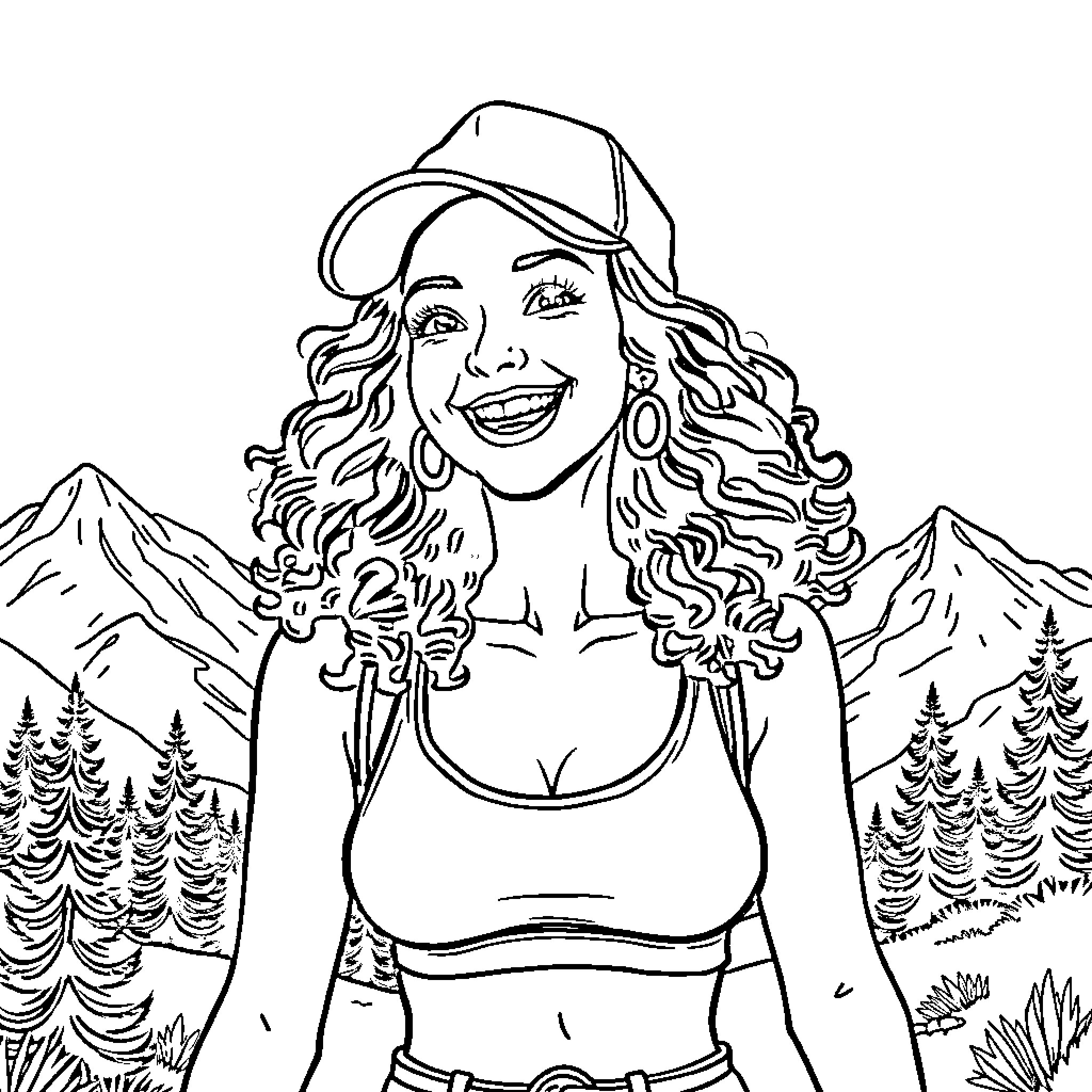 Woman laughing joyfully in the wilderness Coloring Page (free black-and-white line drawing printable PDF for all, from beginners to advanced learners, including children, teens, adults, and seniors)