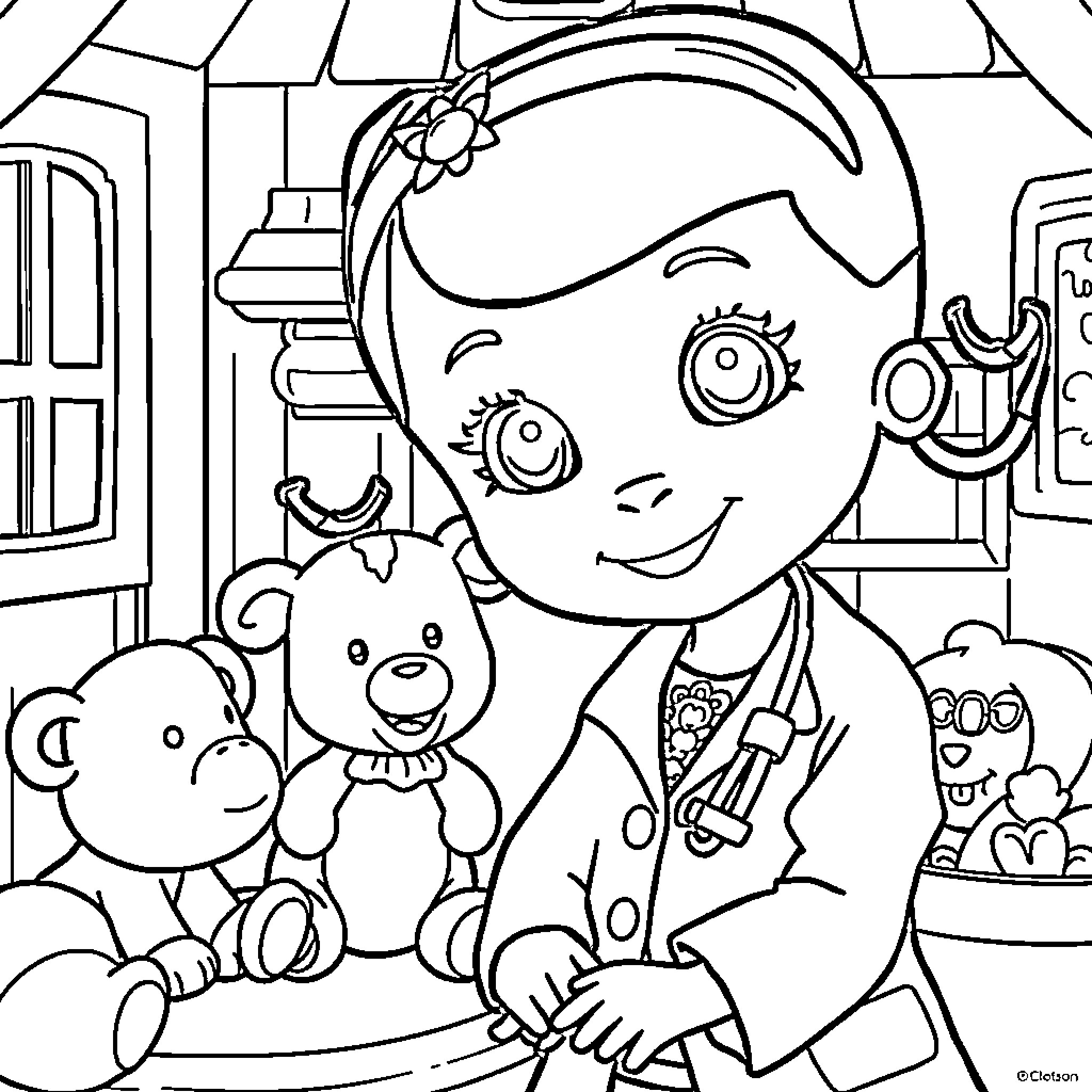 Doc McStuffins caring for her stuffed animal friends Coloring Page (free black-and-white line drawing printable PDF for all, from beginners to advanced learners, including children, teens, adults, and seniors)