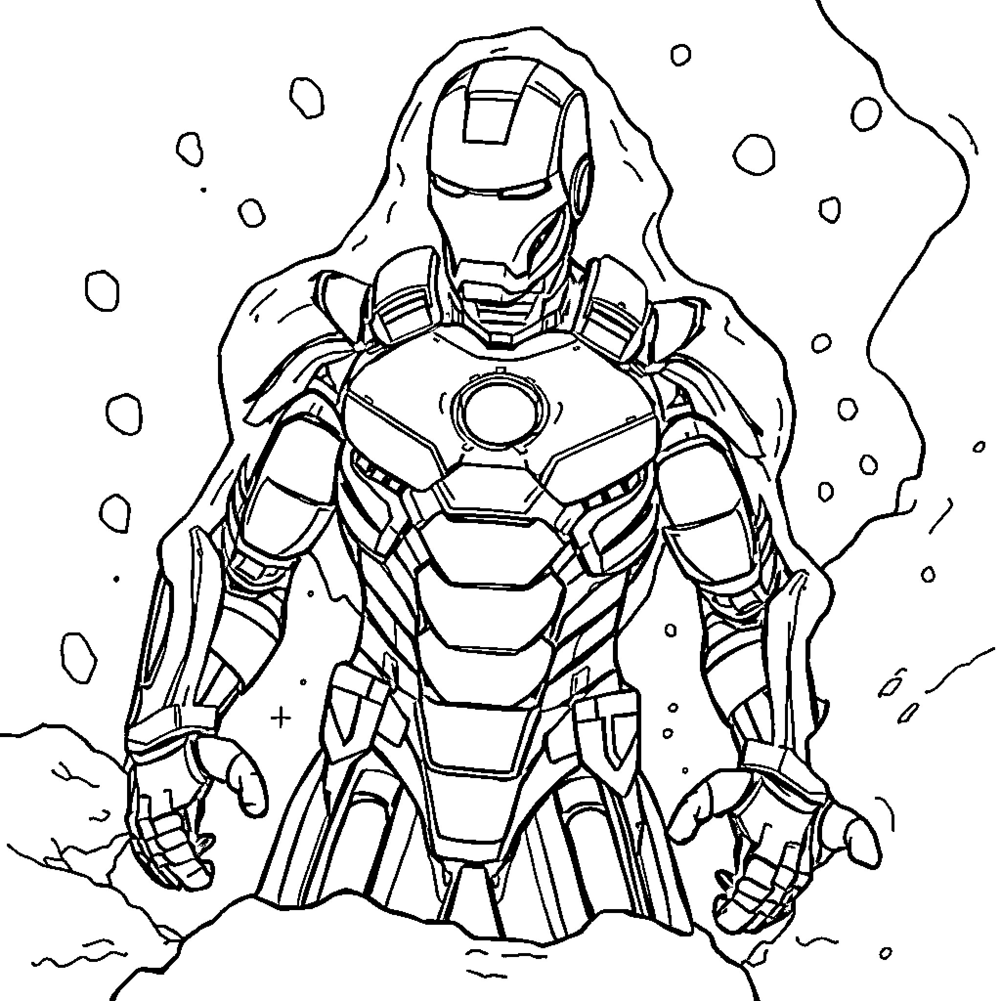 Frozen Armored Superhero in Winter Landscape Coloring Page (free black-and-white line drawing printable PDF for all, from beginners to advanced learners, including children, teens, adults, and seniors)