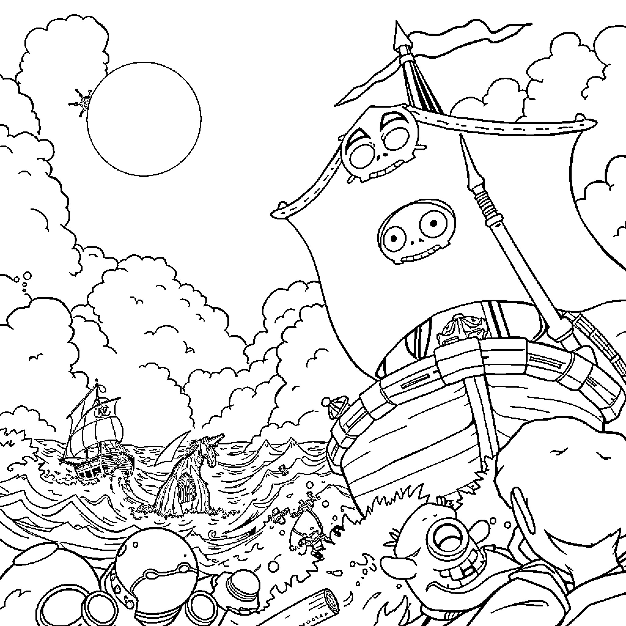 One Piece Pirate Ship Sailing in Stormy Seas Coloring Page (free black-and-white line drawing printable PDF for all, from beginners to advanced learners, including children, teens, adults, and seniors)