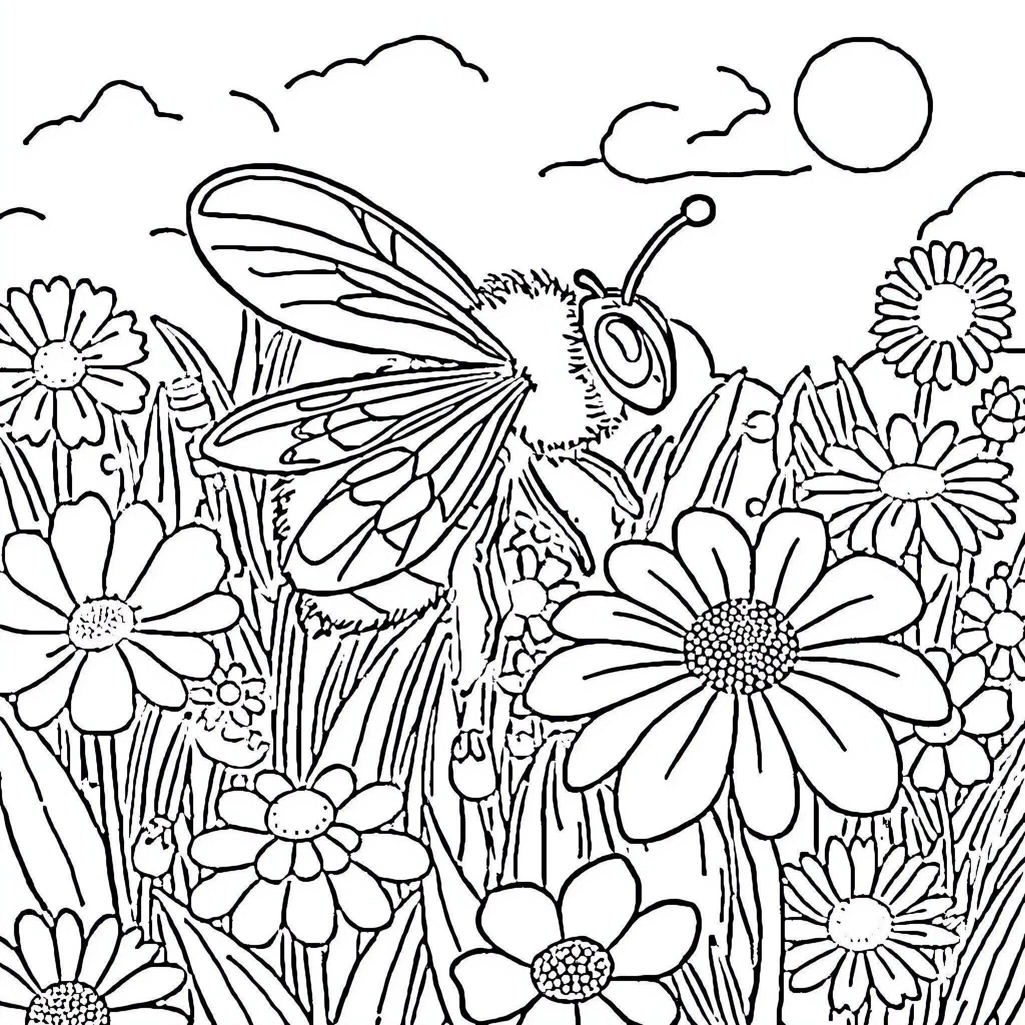 Bee amidst blooming flowers in a scenic landscape Coloring Page (free black-and-white line drawing printable PDF for all, from beginners to advanced learners, including children, teens, adults, and seniors)