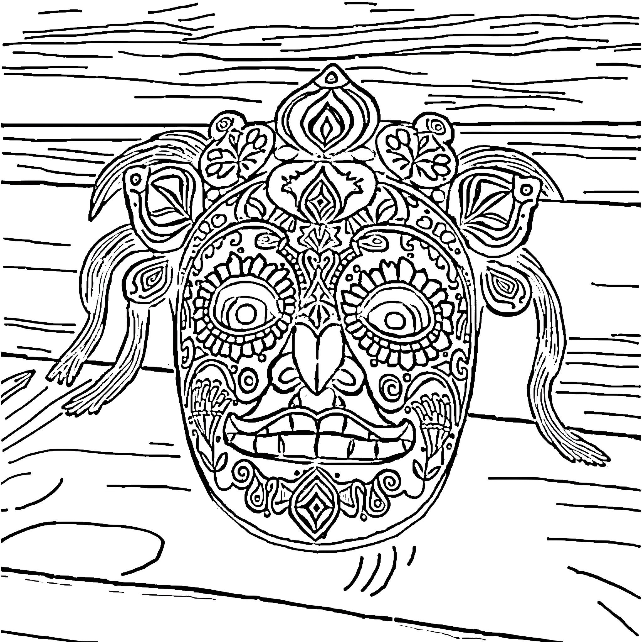 Majora's Mask - Ornate Skull Illustration Coloring Page (free black-and-white line drawing printable PDF for all, from beginners to advanced learners, including children, teens, adults, and seniors)