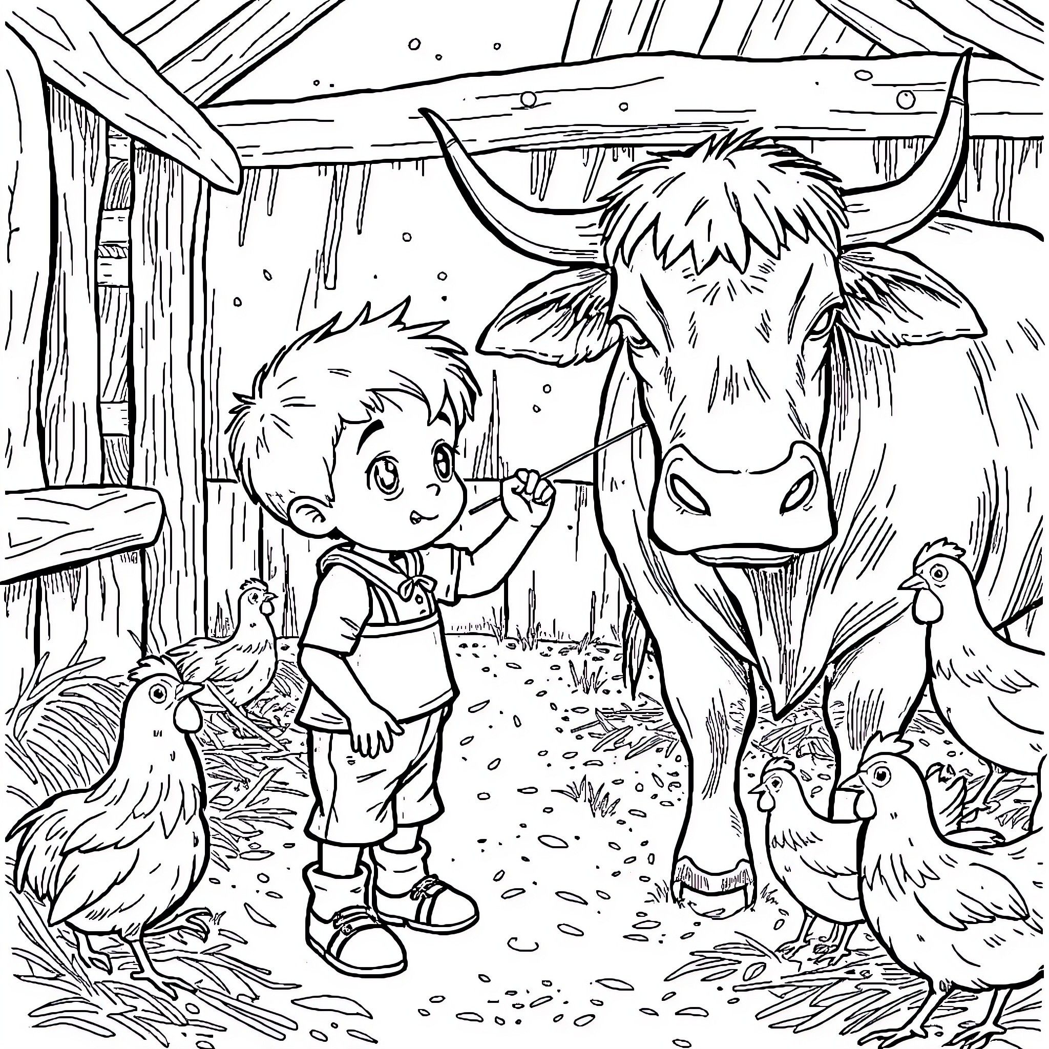Boy interacting with farm animals in rural setting Coloring Page (free black-and-white line drawing printable PDF for all, from beginners to advanced learners, including children, teens, adults, and seniors)