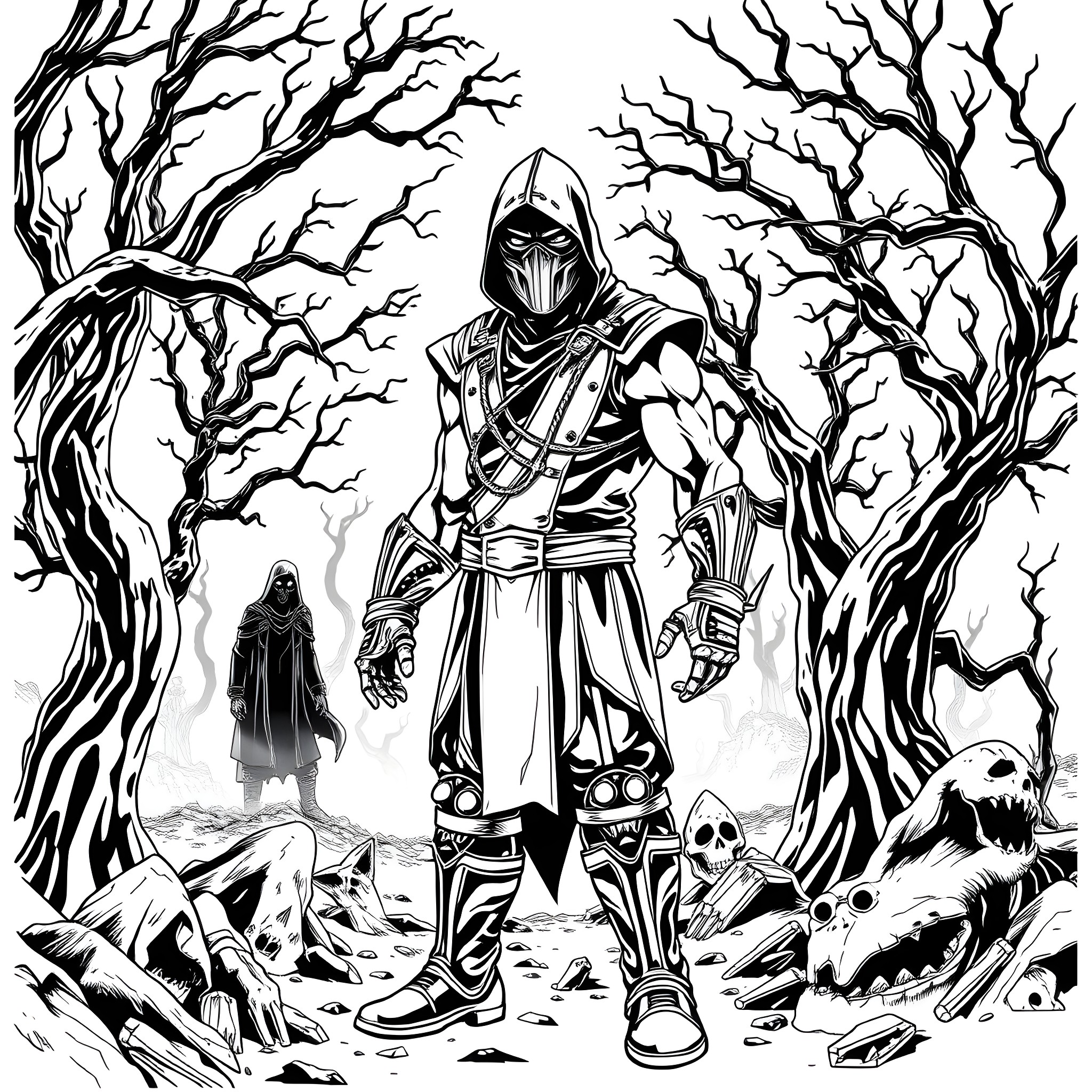 Mortal Kombat Warrior Emerges from Twisted Trees Coloring Page (free black-and-white line drawing printable PDF for all, from beginners to advanced learners, including children, teens, adults, and seniors)