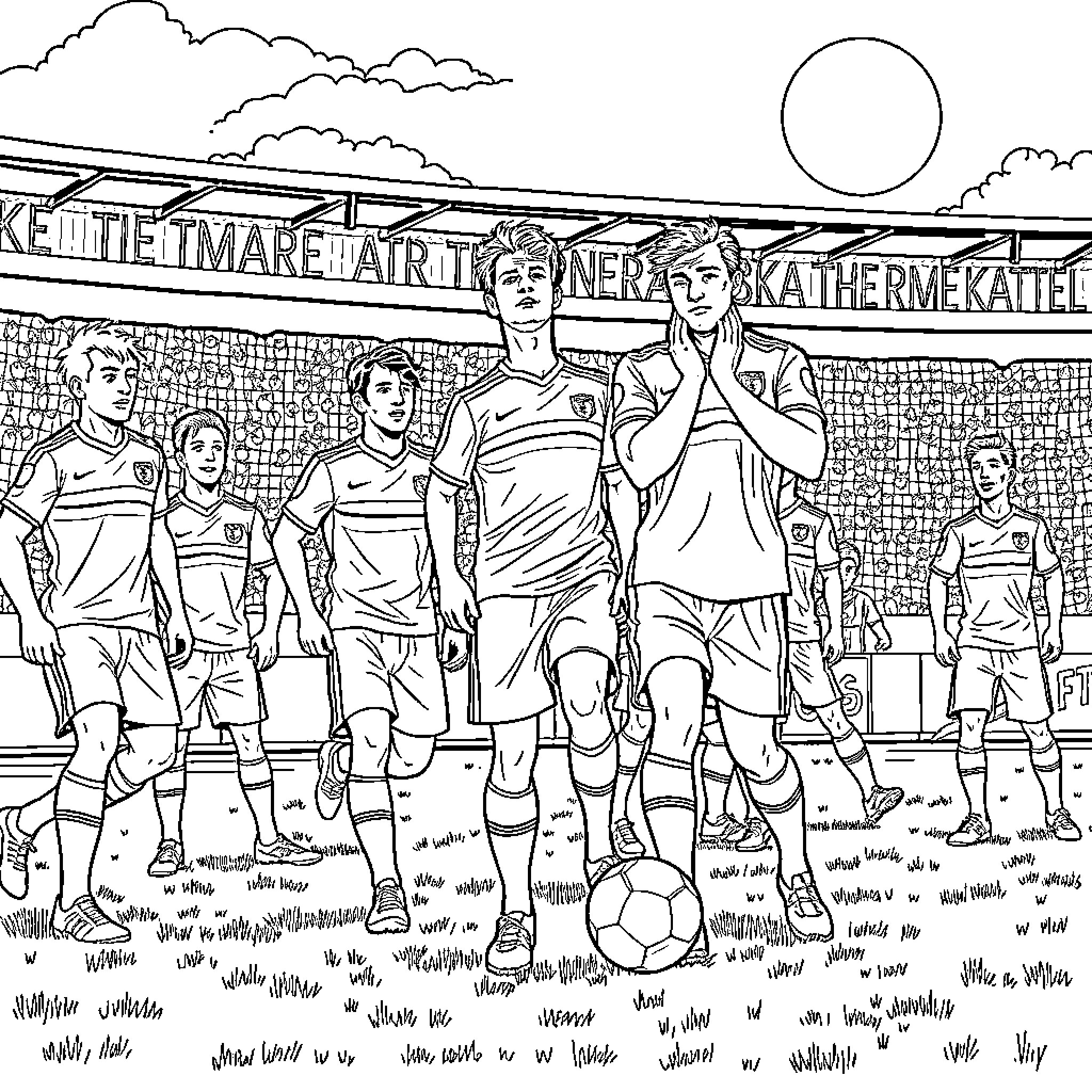 Brain Rot: Football Players Gather on Field Coloring Page (free black-and-white line drawing printable PDF for all, from beginners to advanced learners, including children, teens, adults, and seniors)