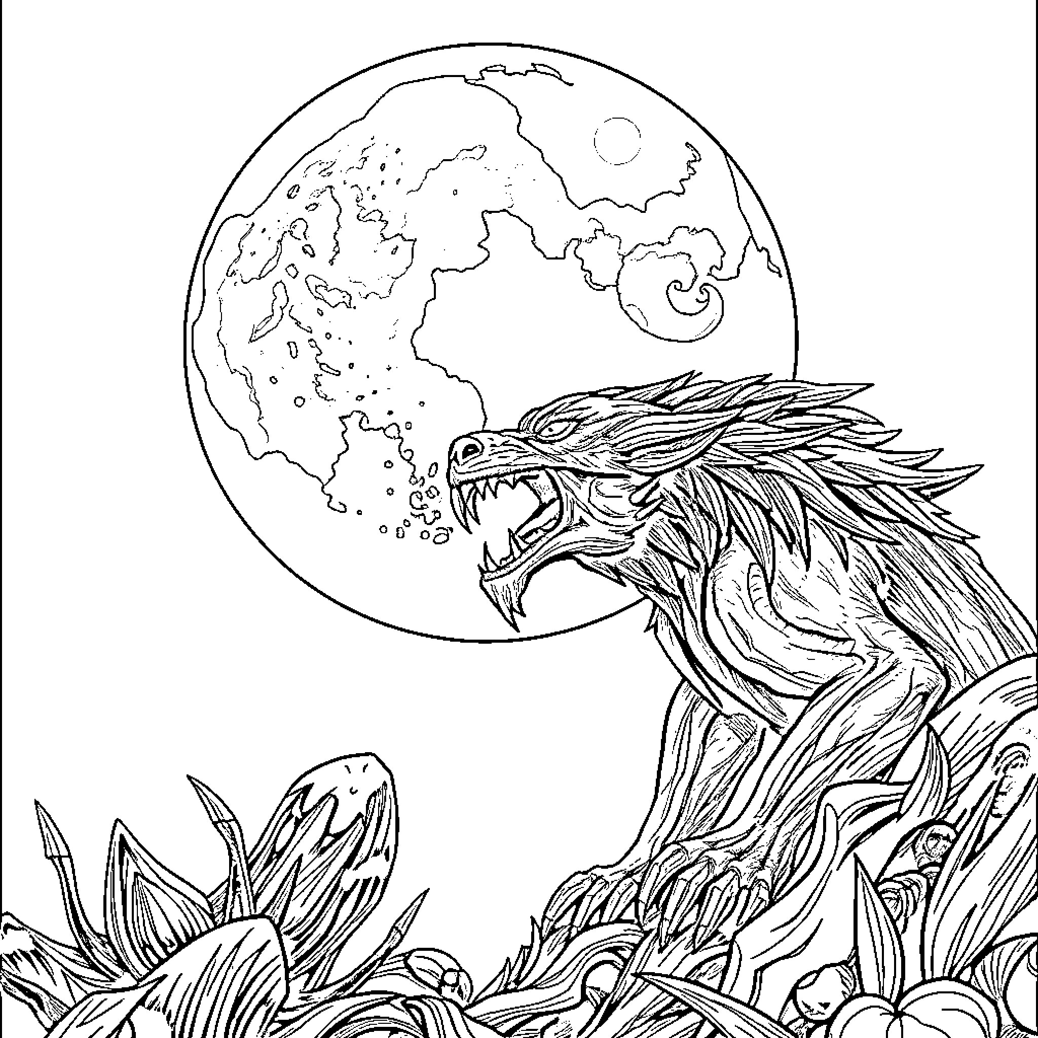 Predator roaring at the moon over a mysterious landscape Coloring Page (free black-and-white line drawing printable PDF for all, from beginners to advanced learners, including children, teens, adults, and seniors)