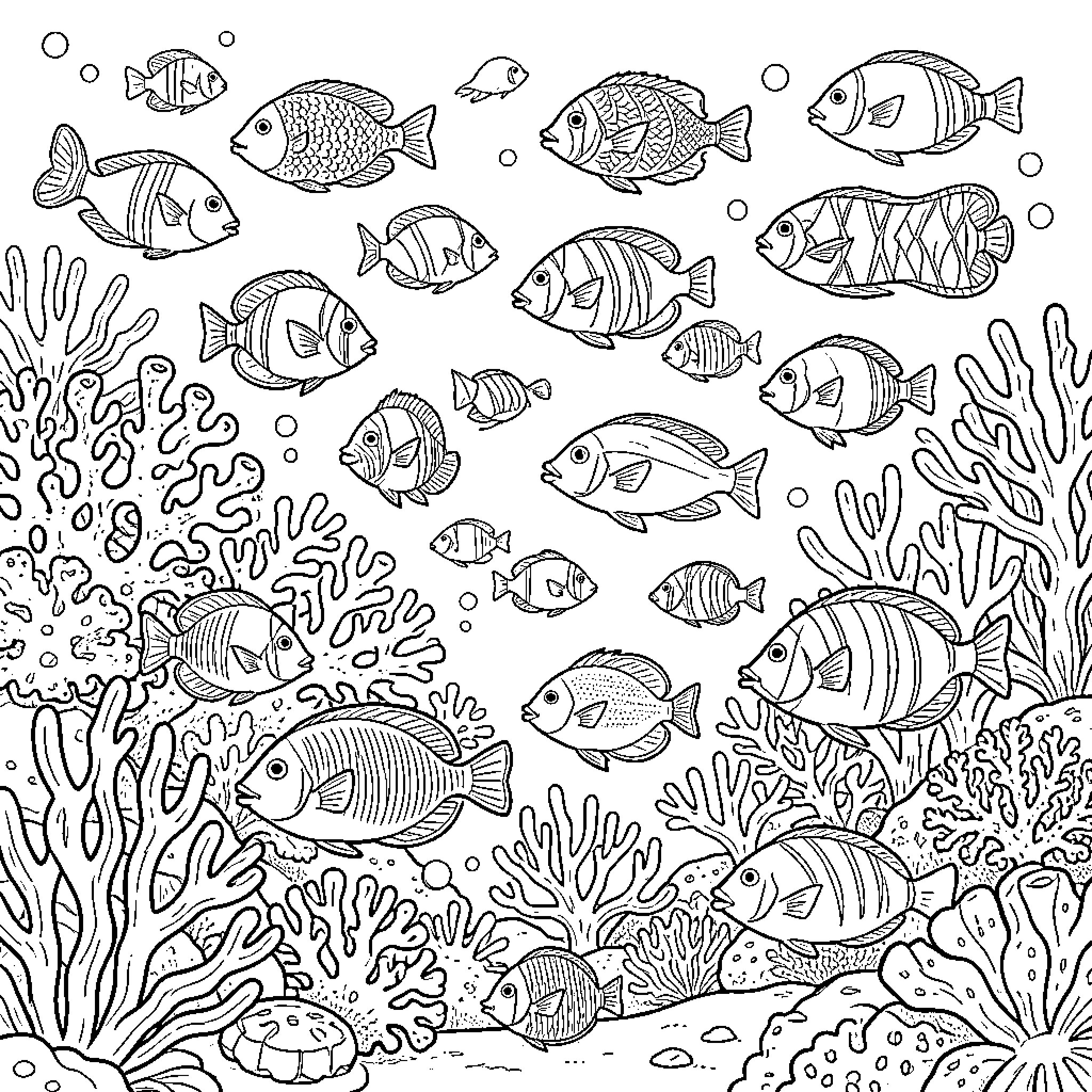 Fish swimming playfully in the ocean Coloring Page (free black-and-white line drawing printable PDF for all, from beginners to advanced learners, including children, teens, adults, and seniors)