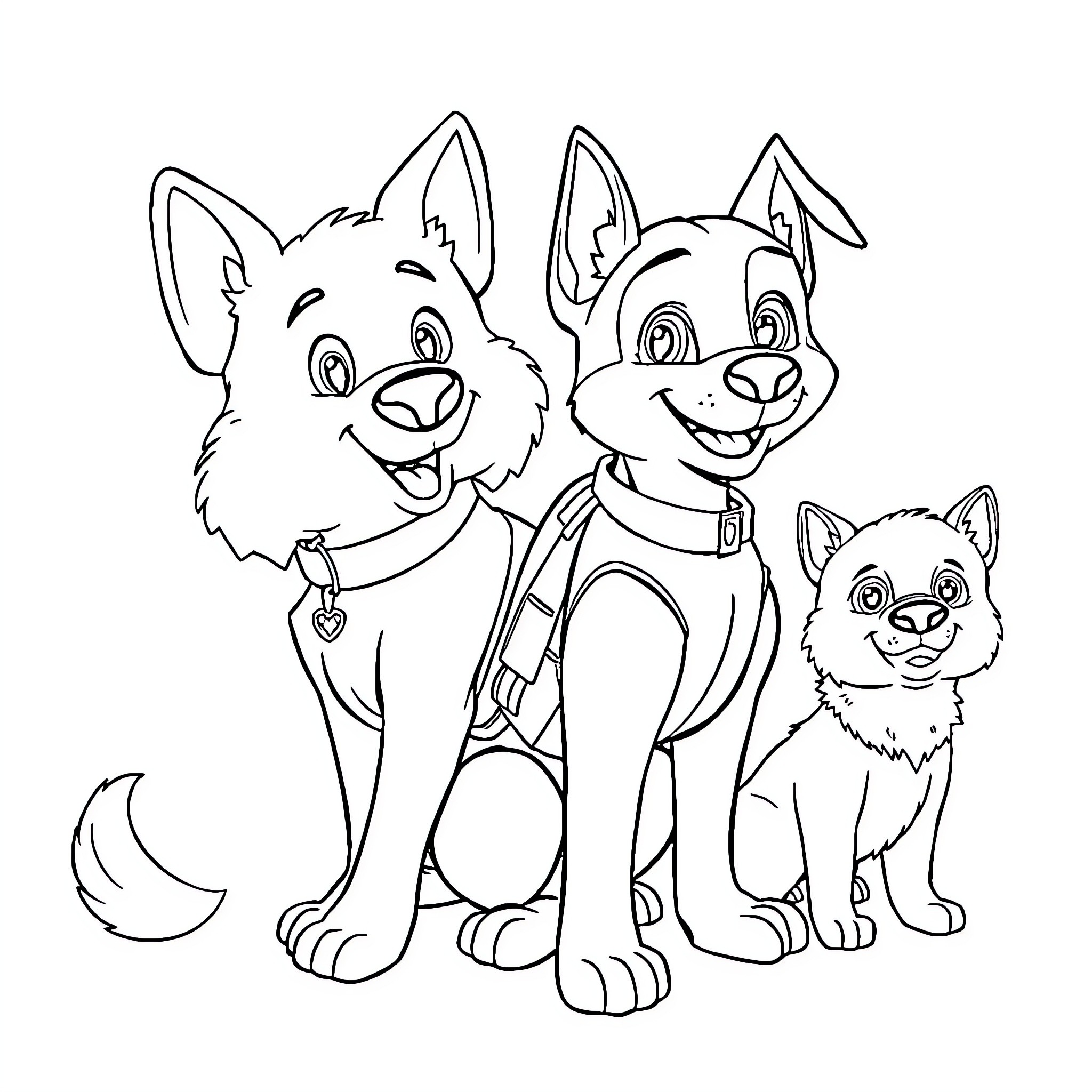 Paw Patrol Pups Happily Together Coloring Page (free black-and-white line drawing printable PDF for all, from beginners to advanced learners, including children, teens, adults, and seniors)