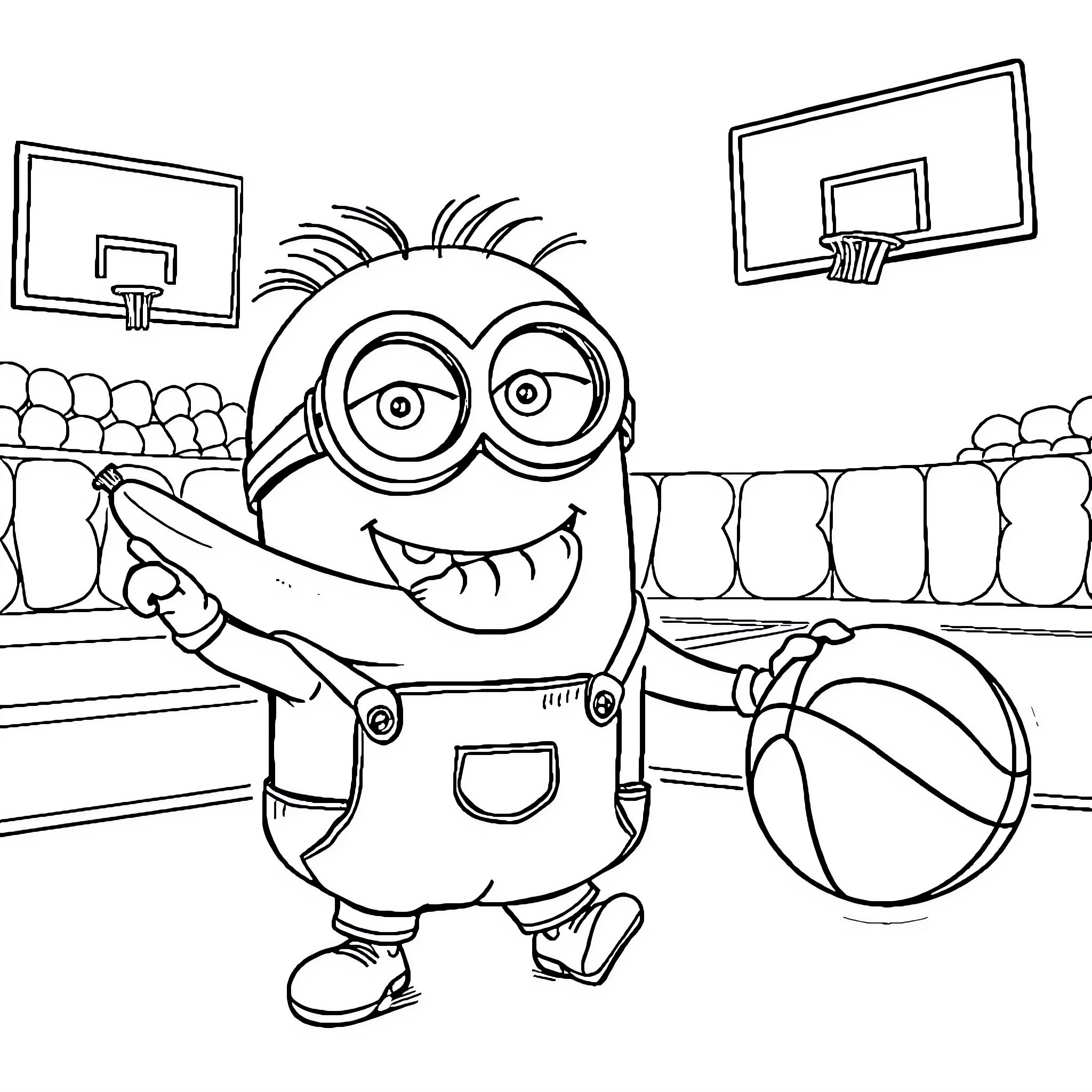 Minion playing basketball in the gym Coloring Page (free black-and-white line drawing printable PDF for all, from beginners to advanced learners, including children, teens, adults, and seniors)