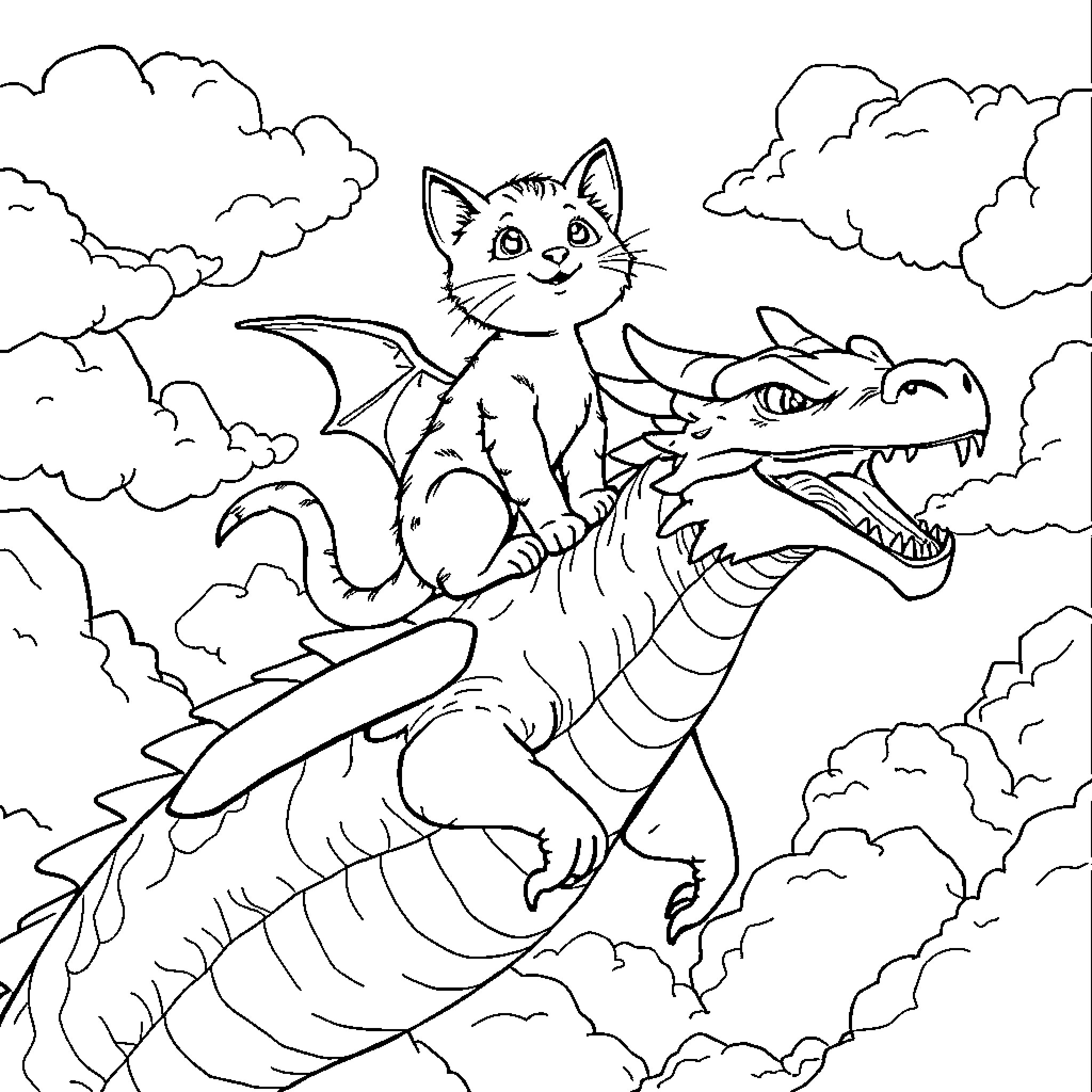 Cat riding a fantasy dragon in the clouds Coloring Page (free black-and-white line drawing printable PDF for all, from beginners to advanced learners, including children, teens, adults, and seniors)