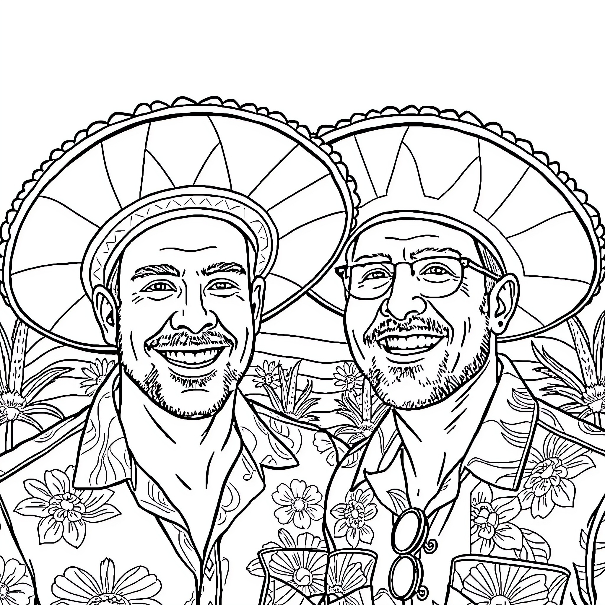 Man wearing traditional hats and celebrating with friend Coloring Page (free black-and-white line drawing printable PDF for all, from beginners to advanced learners, including children, teens, adults, and seniors)