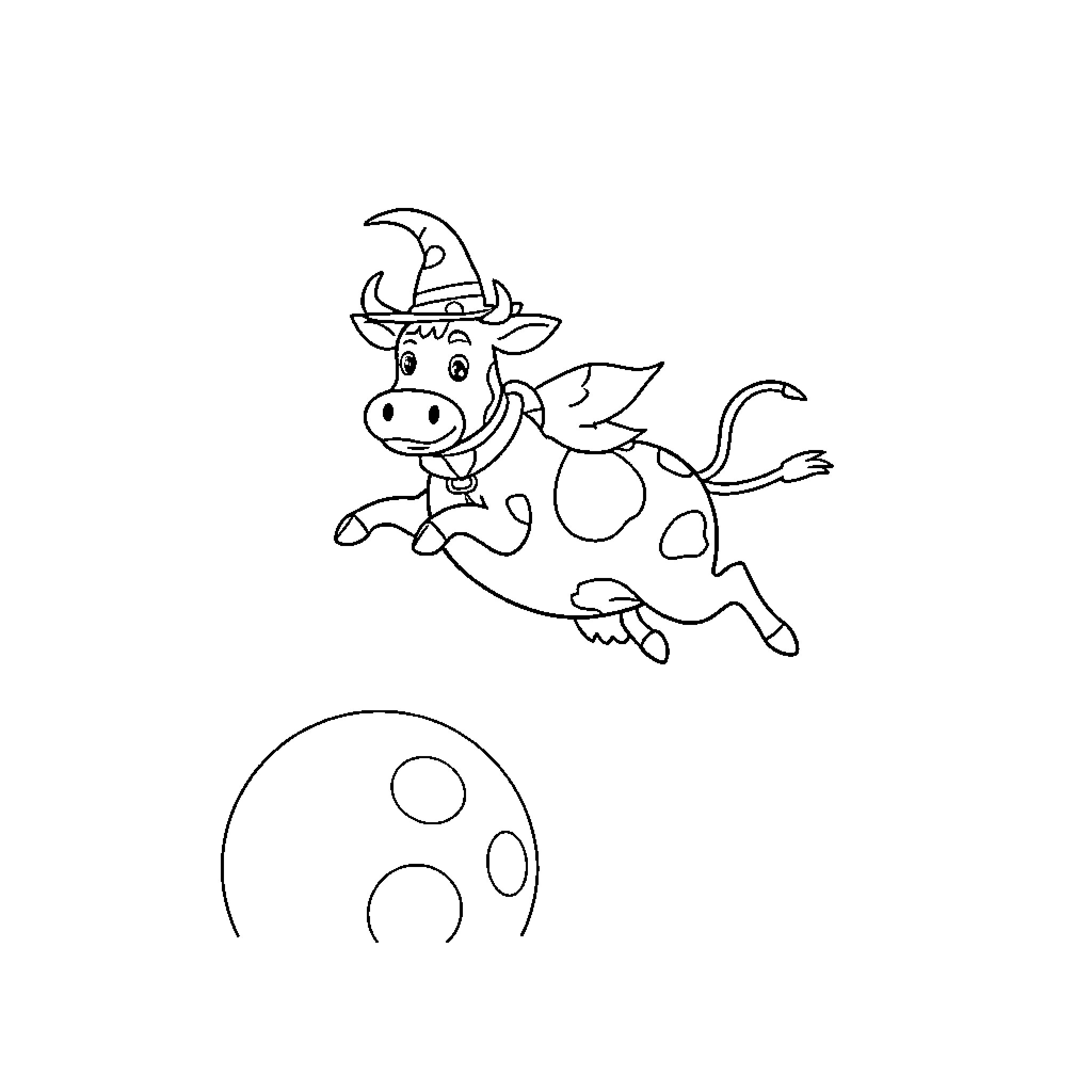 Cow flying over the moon Coloring Page (free black-and-white line drawing printable PDF for all, from beginners to advanced learners, including children, teens, adults, and seniors)