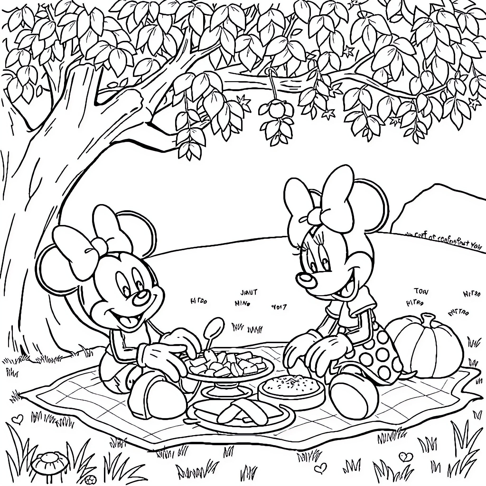 Mickey and Minnie's Picnic in the Park Coloring Page (free black-and-white line drawing printable PDF for all, from beginners to advanced learners, including children, teens, adults, and seniors)