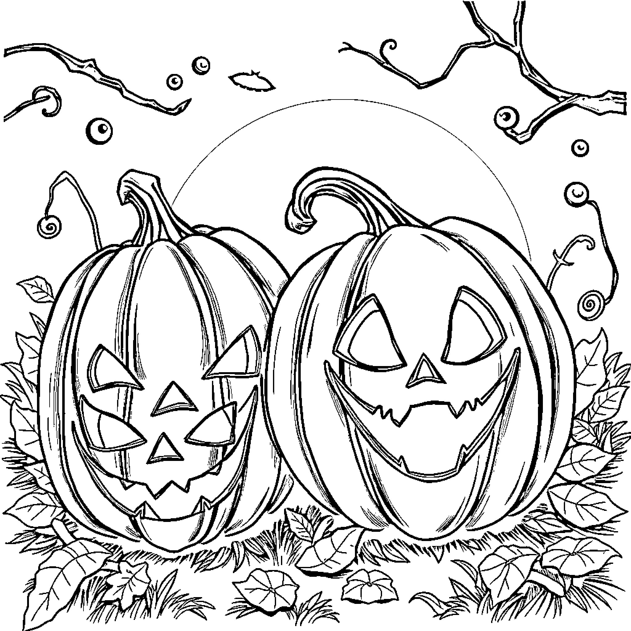 Pumpkin patch with carved jack-o'-lanterns Coloring Page (free black-and-white line drawing printable PDF for all, from beginners to advanced learners, including children, teens, adults, and seniors)