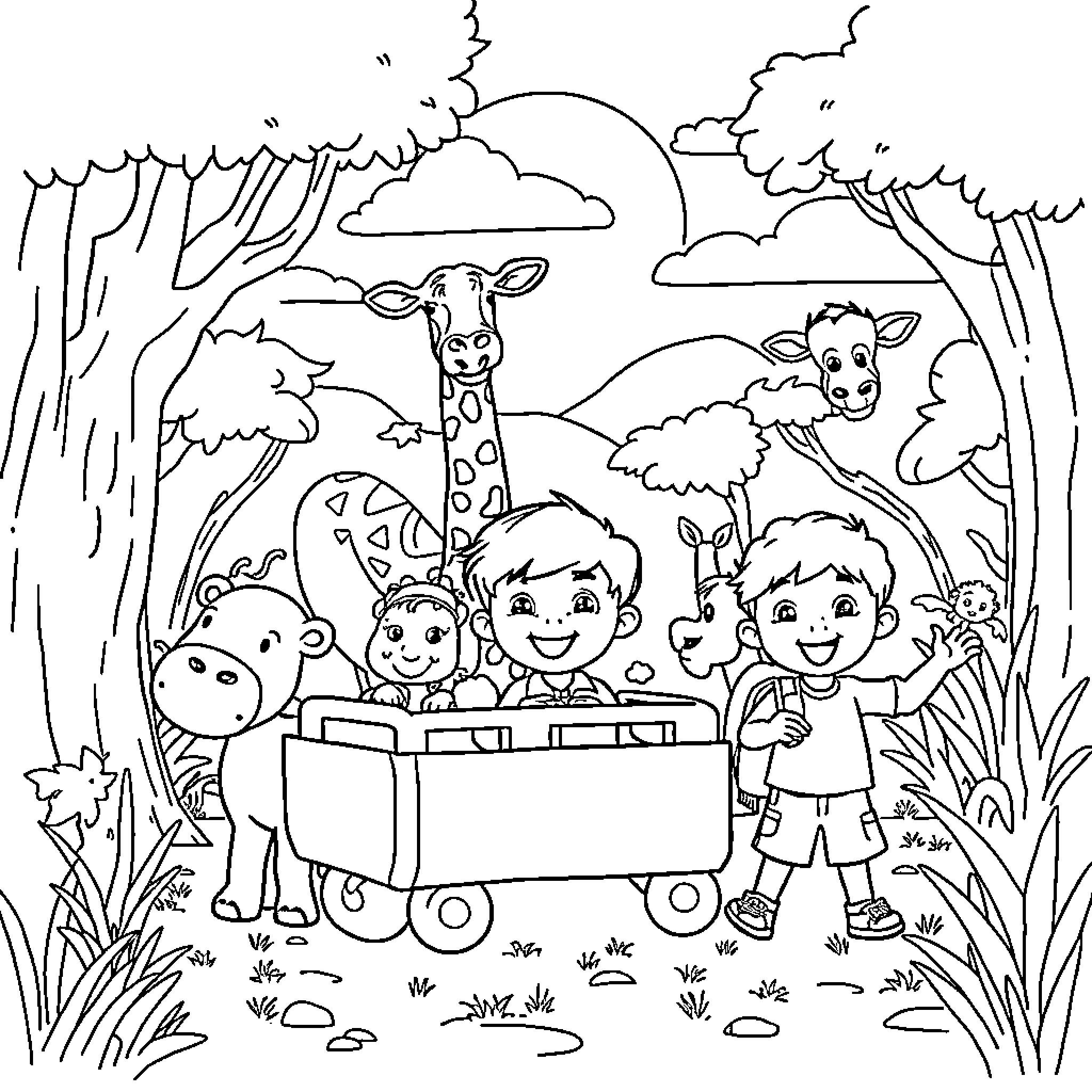 Safari adventure with joyful children and animals Coloring Page (free black-and-white line drawing printable PDF for all, from beginners to advanced learners, including children, teens, adults, and seniors)