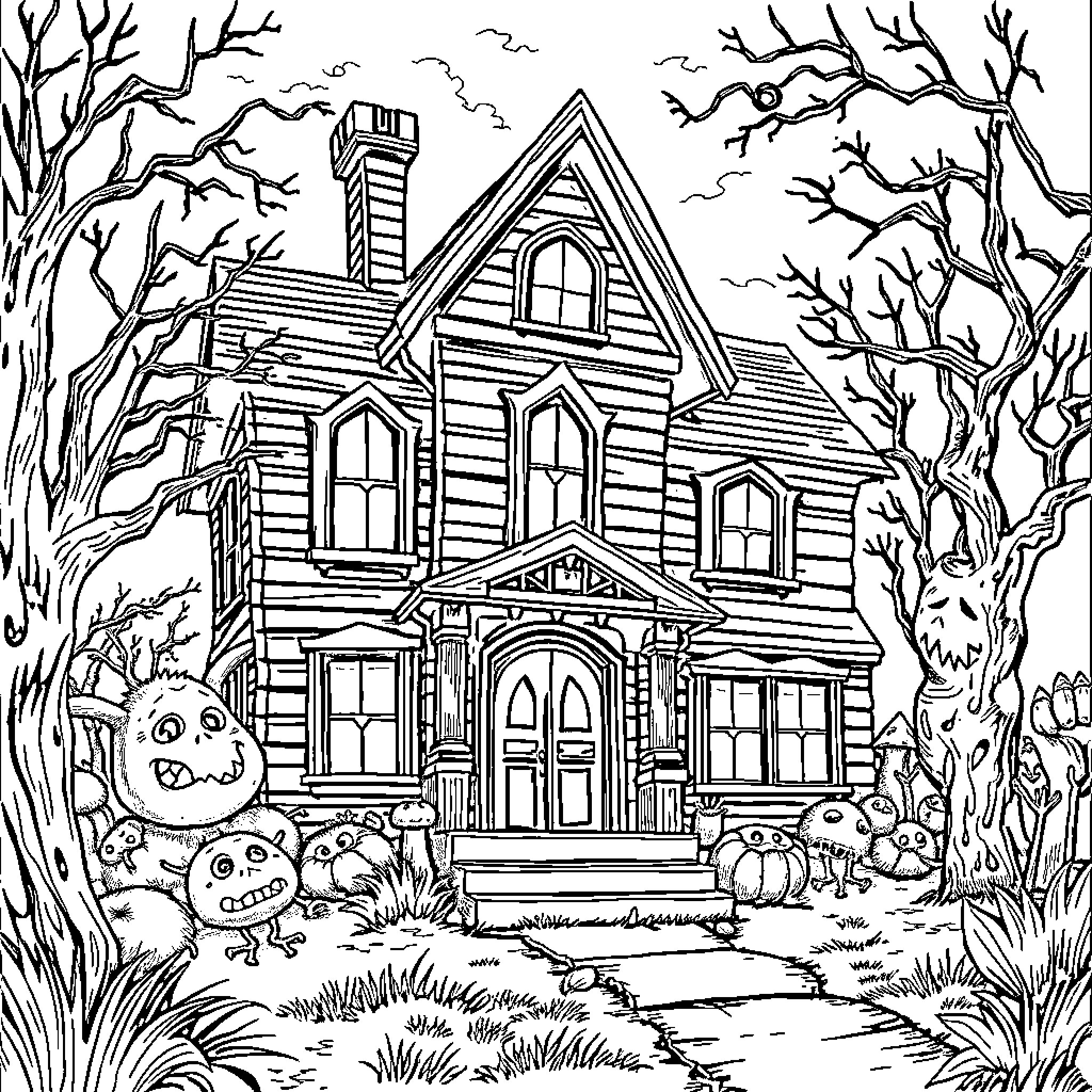Monster Haunted House in the Eerie Forest Coloring Page (free black-and-white line drawing printable PDF for all, from beginners to advanced learners, including children, teens, adults, and seniors)