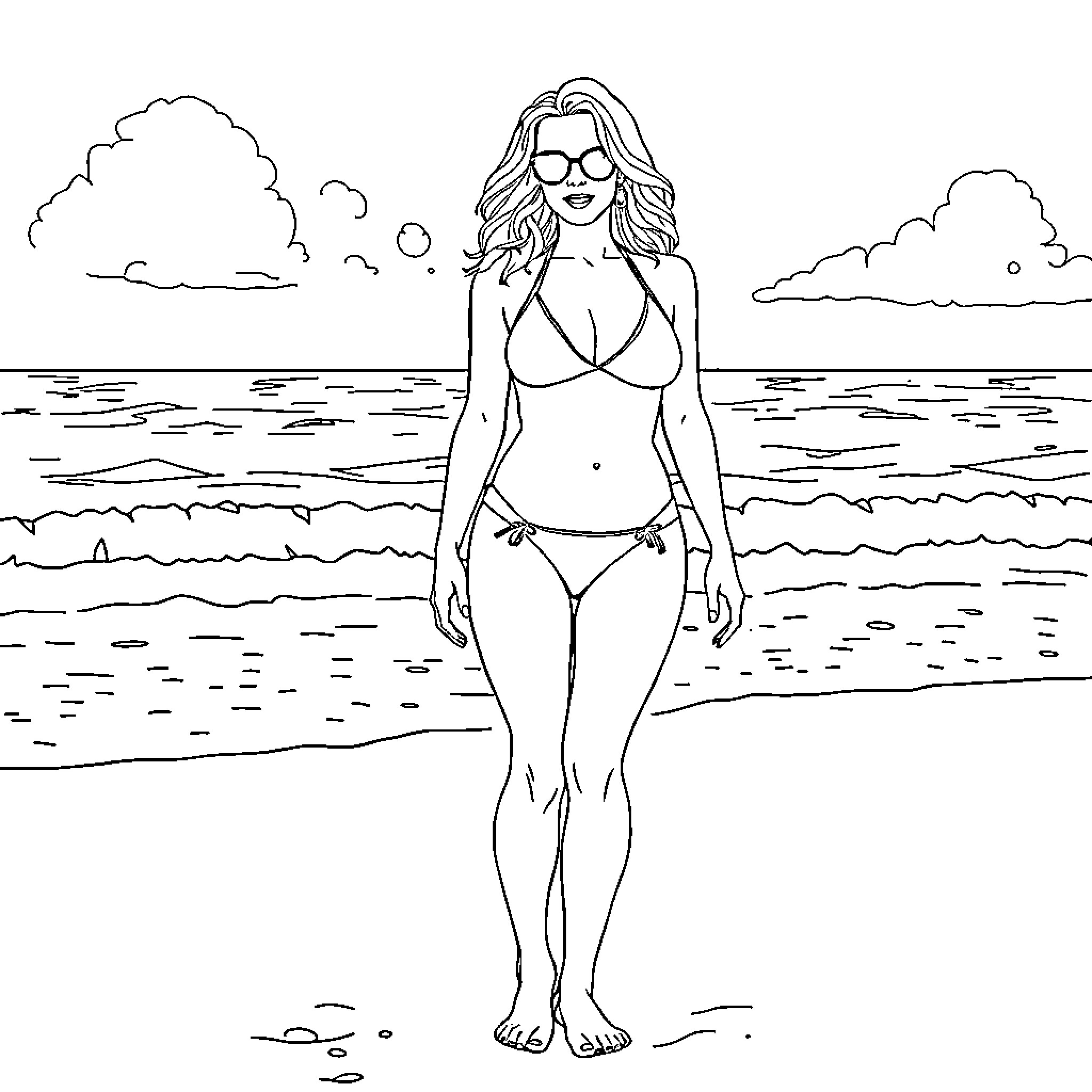 Pamela Anderson posing on the beach Coloring Page (free black-and-white line drawing printable PDF for all, from beginners to advanced learners, including children, teens, adults, and seniors)