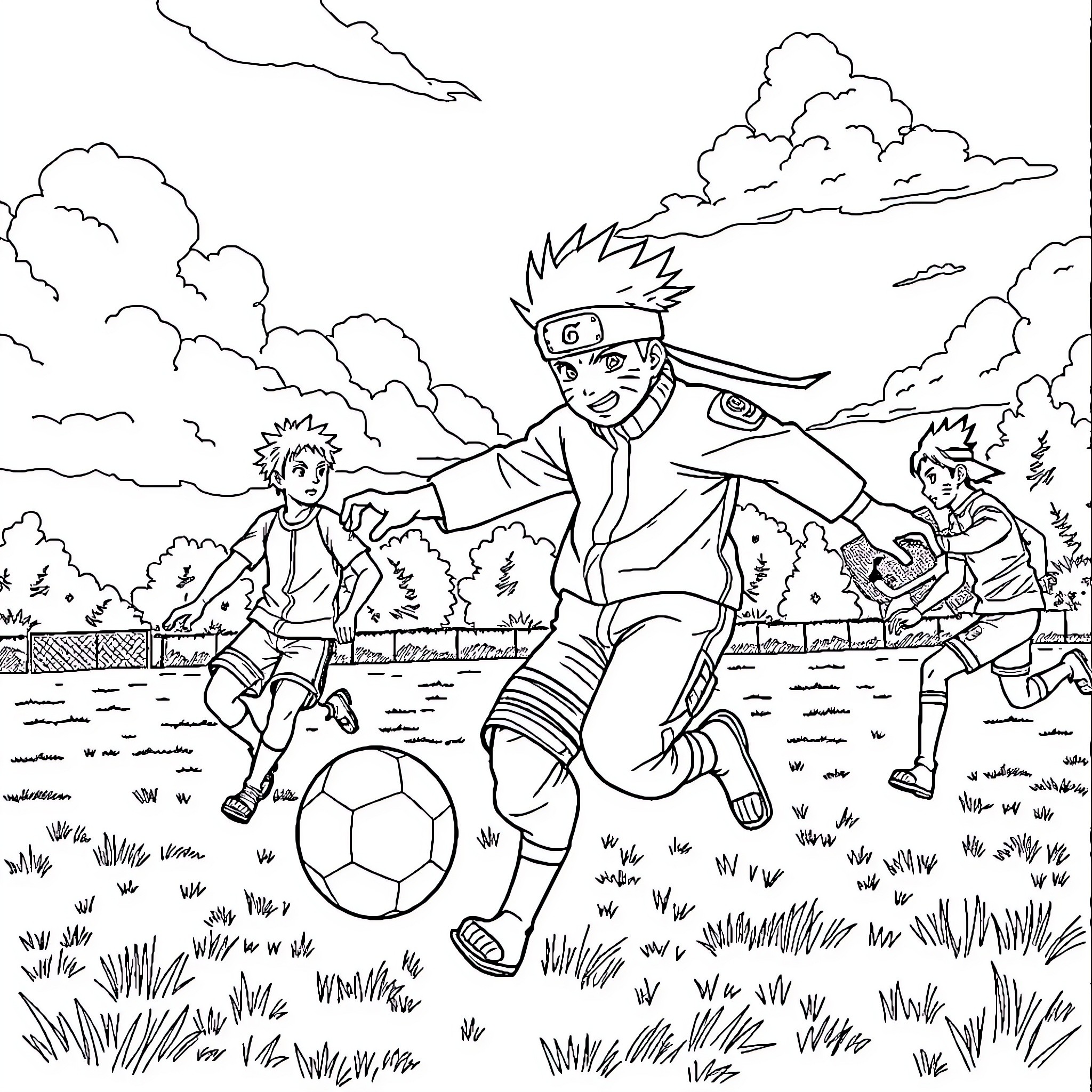 Naruto Characters Playing Soccer on the Field Coloring Page (free black-and-white line drawing printable PDF for all, from beginners to advanced learners, including children, teens, adults, and seniors)
