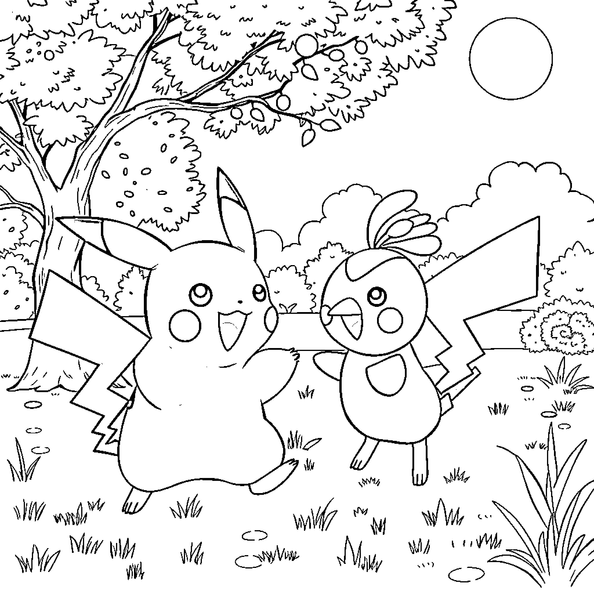 Pikachu and Charmander playing in the park Coloring Page (free black-and-white line drawing printable PDF for all, from beginners to advanced learners, including children, teens, adults, and seniors)