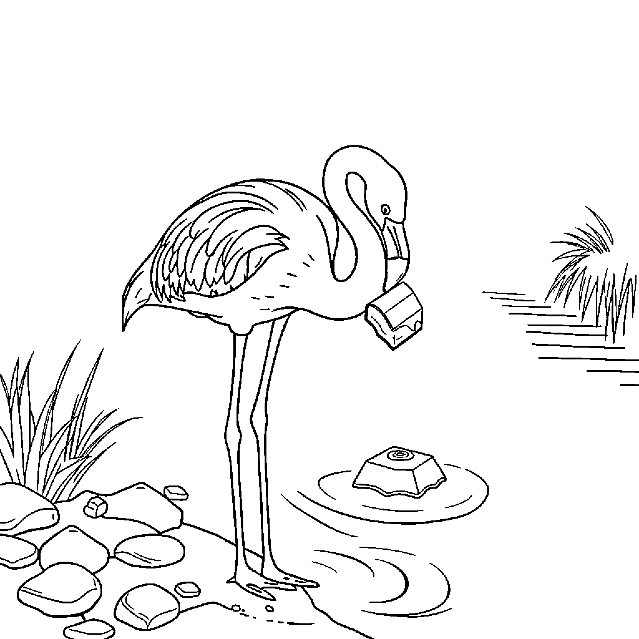 Flamingo enjoying a relaxing day by the pond Coloring Page (free black-and-white line drawing printable PDF for all, from beginners to advanced learners, including children, teens, adults, and seniors)