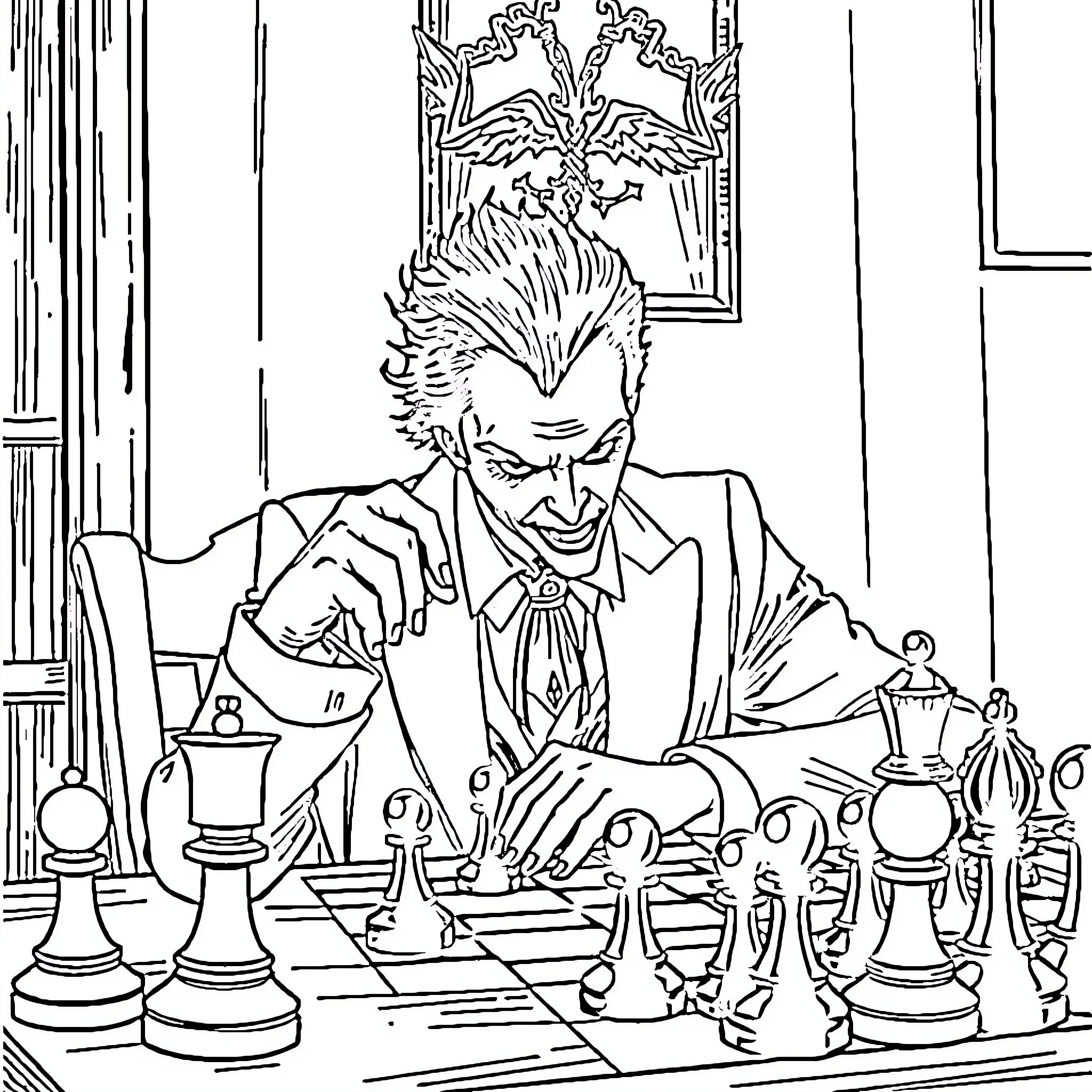Joker contemplating his next move on the chessboard Coloring Page (free black-and-white line drawing printable PDF for all, from beginners to advanced learners, including children, teens, adults, and seniors)