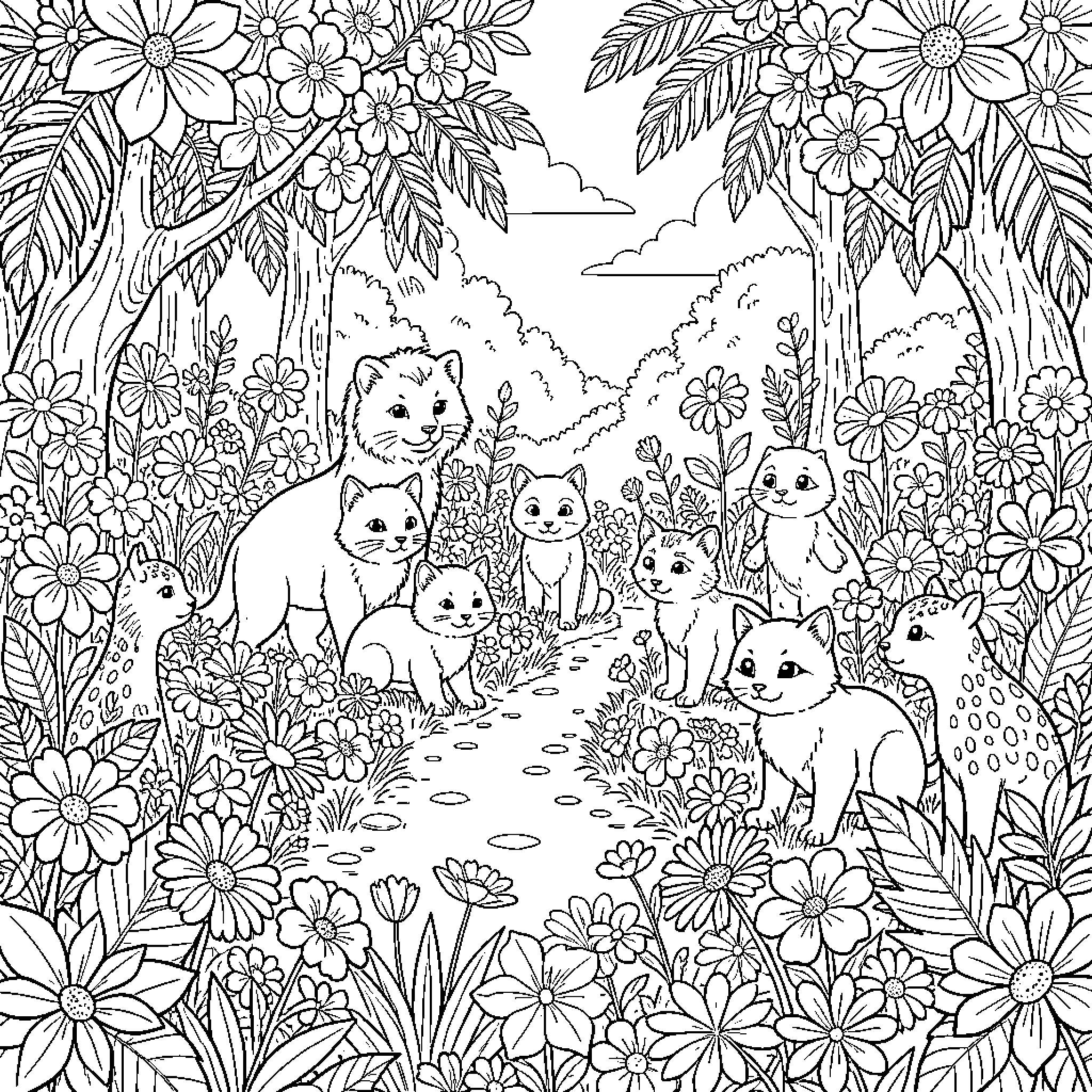 Animal Kittens in Floral Wonderland Coloring Page (free black-and-white line drawing printable PDF for all, from beginners to advanced learners, including children, teens, adults, and seniors)