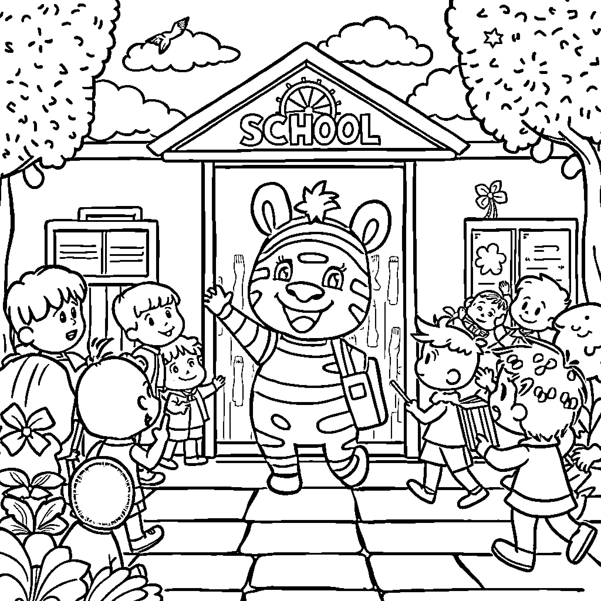 Bumba's Cheerful School Adventure Coloring Page (free black-and-white line drawing printable PDF for all, from beginners to advanced learners, including children, teens, adults, and seniors)