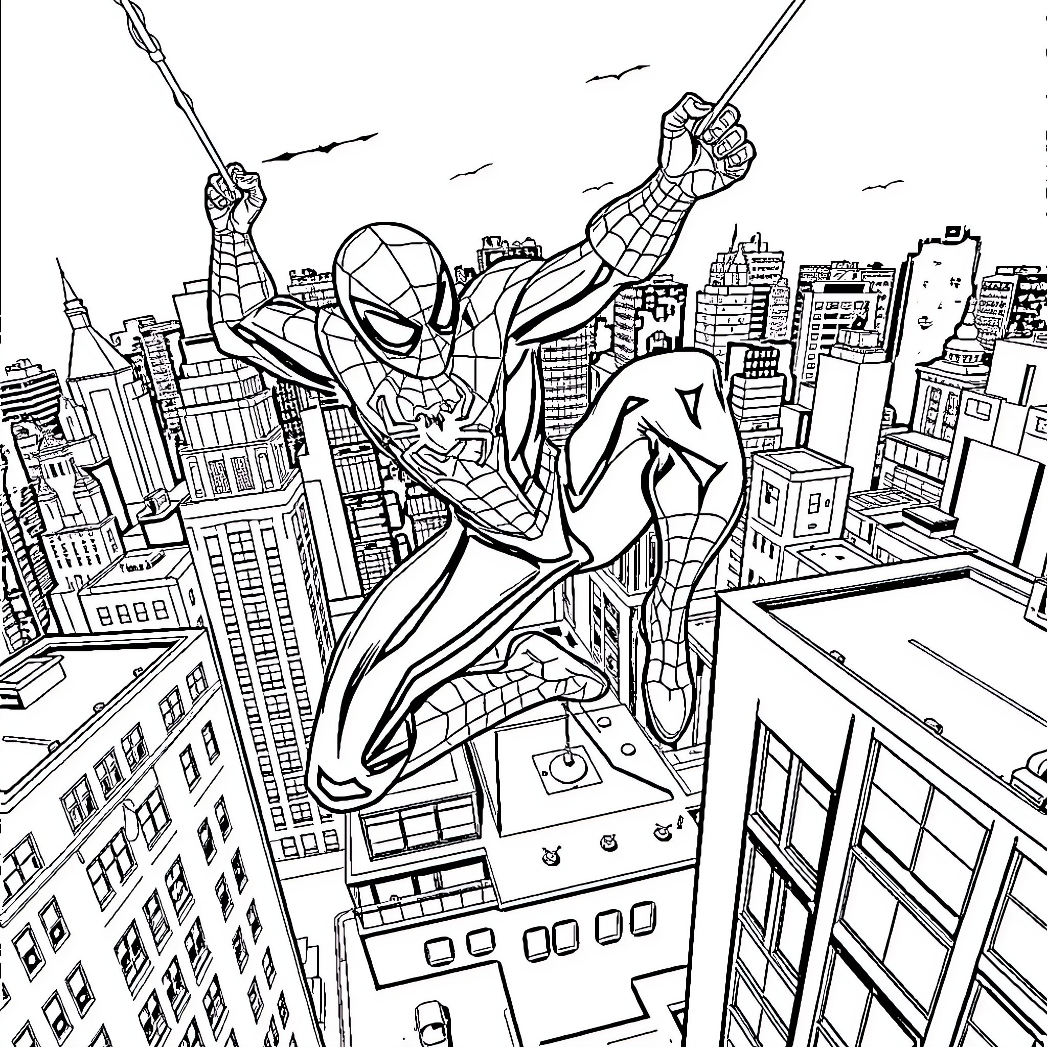 Spider-Man swinging through the city skyline Coloring Page (free black-and-white line drawing printable PDF for all, from beginners to advanced learners, including children, teens, adults, and seniors)