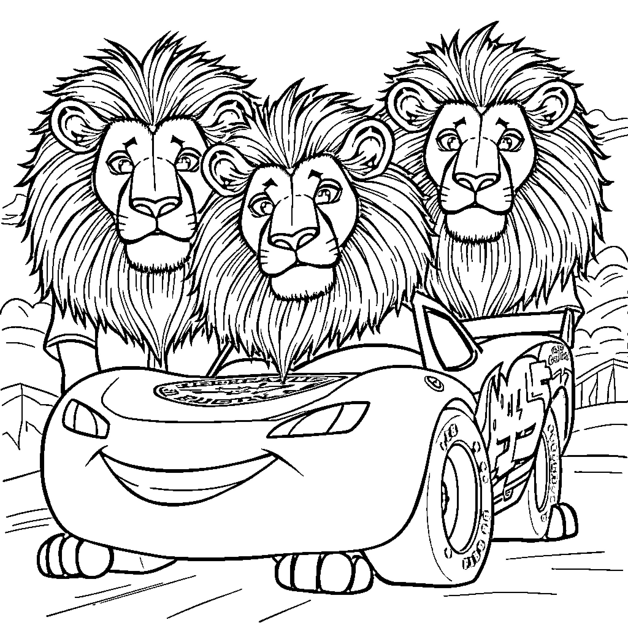 Lion family riding in a car Coloring Page (free black-and-white line drawing printable PDF for all, from beginners to advanced learners, including children, teens, adults, and seniors)