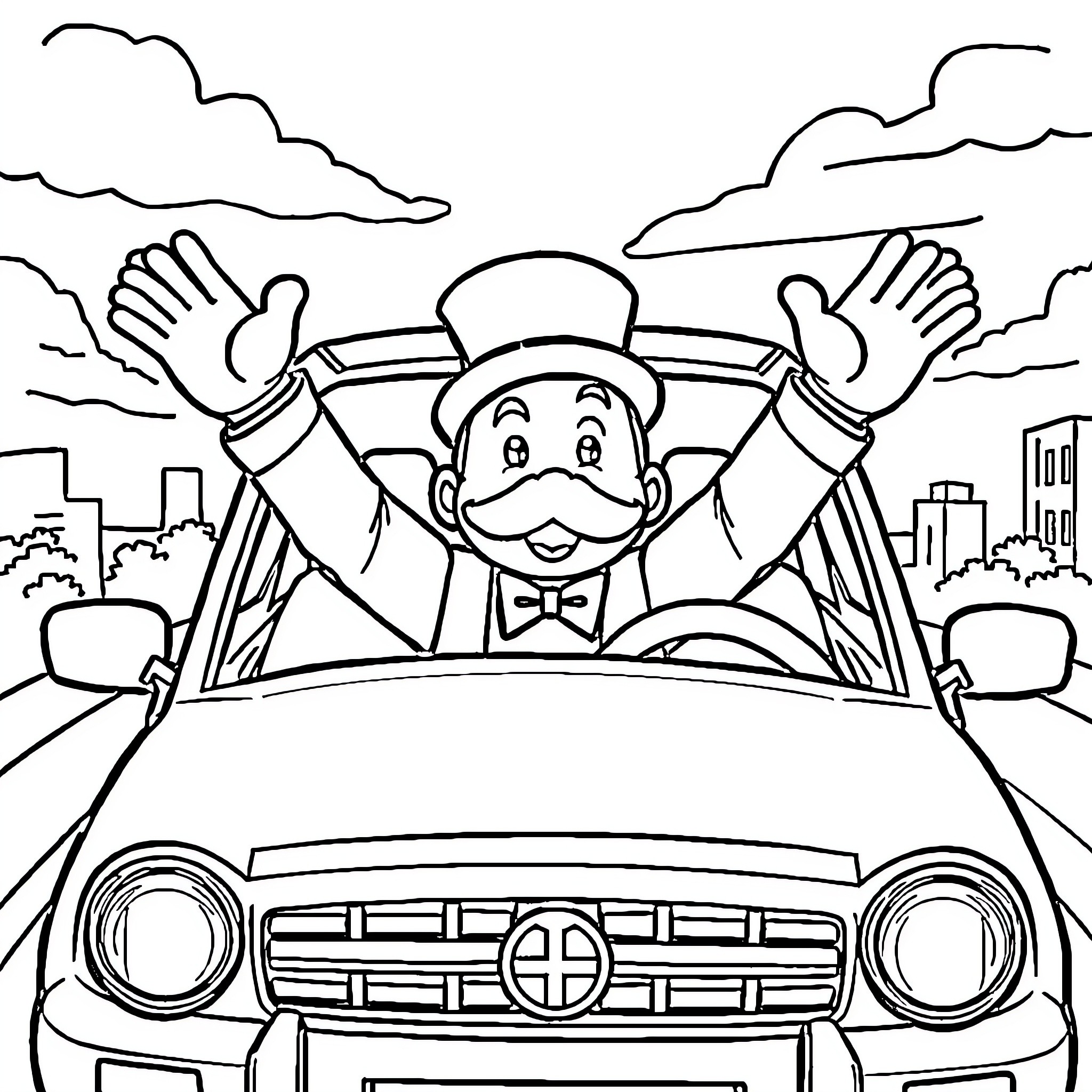 Mr. Monopoly driving a car with excitement Coloring Page (free black-and-white line drawing printable PDF for all, from beginners to advanced learners, including children, teens, adults, and seniors)