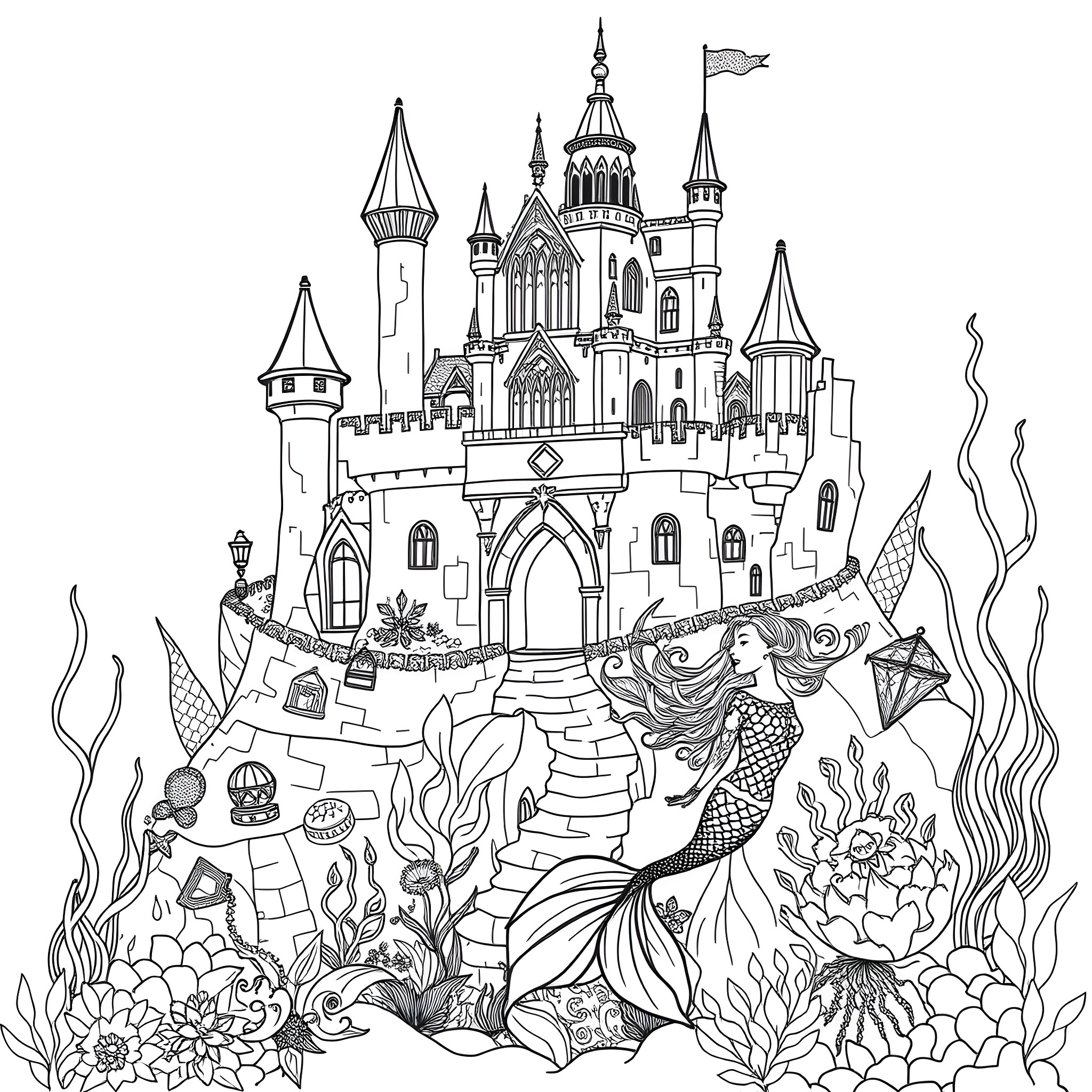 Château of a Mermaid Princess in the Sea Garden Coloring Page (free black-and-white line drawing printable PDF for all, from beginners to advanced learners, including children, teens, adults, and seniors)