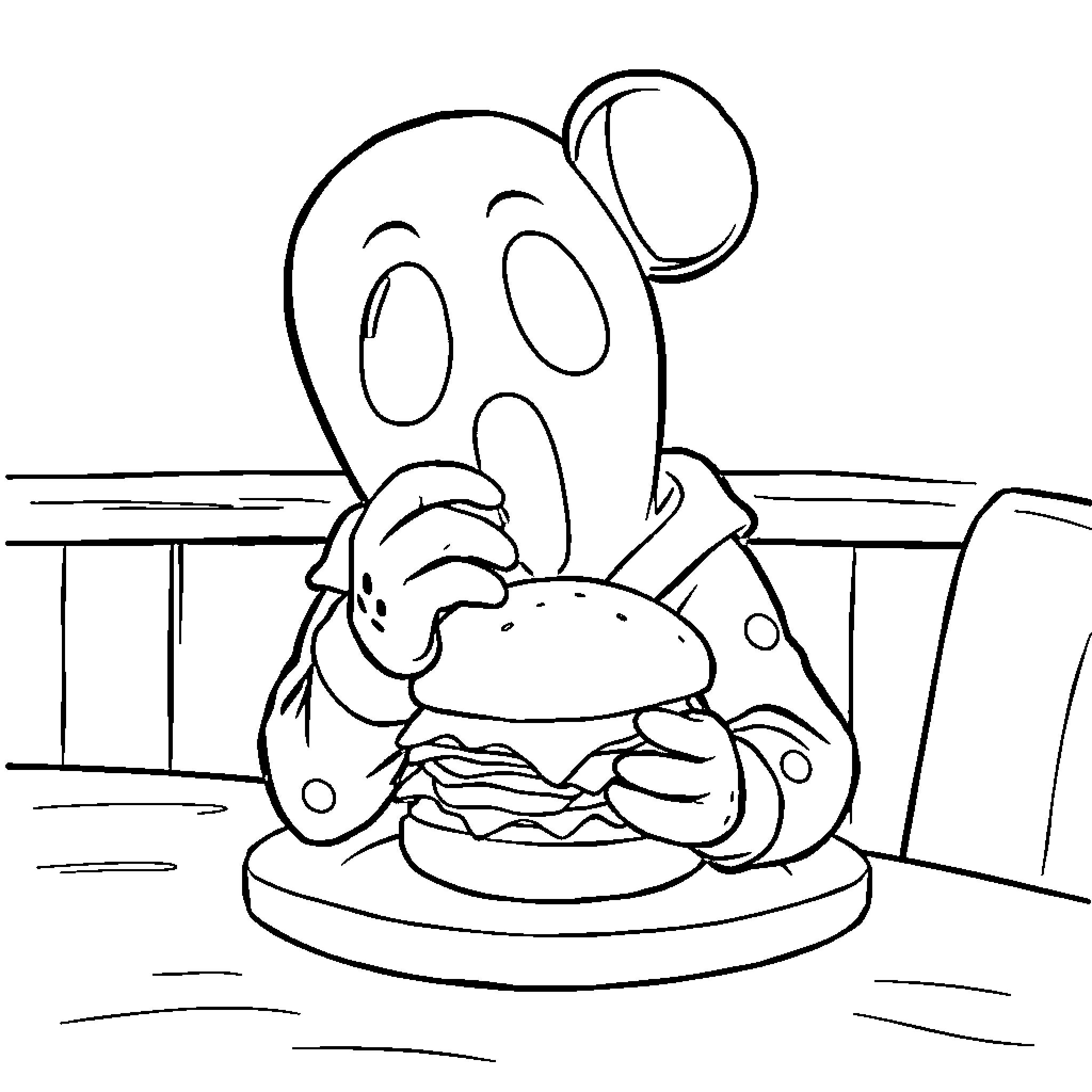 Ghost enjoying a scrumptious burger Coloring Page (free black-and-white line drawing printable PDF for all, from beginners to advanced learners, including children, teens, adults, and seniors)