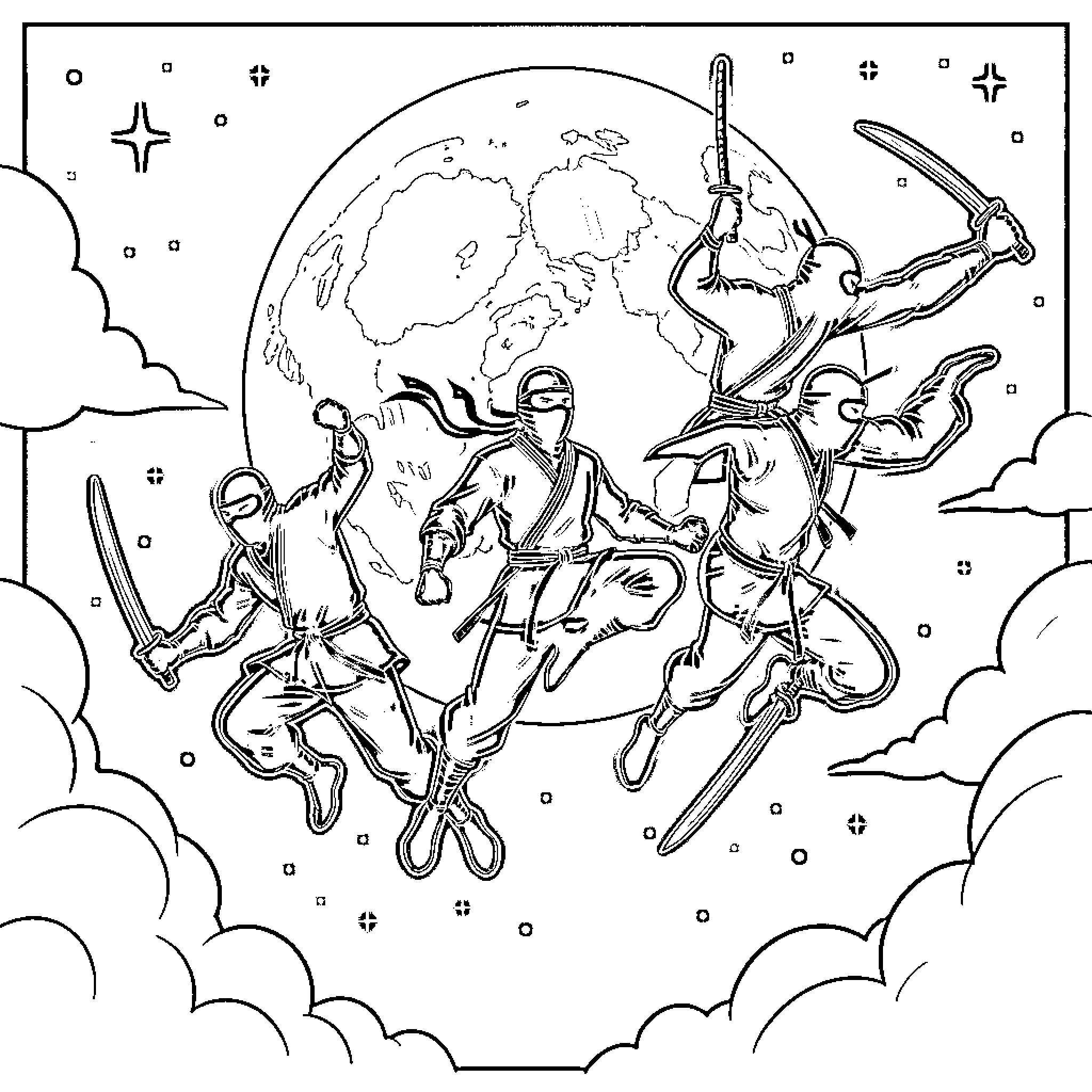 Ninja warriors leaping through the night sky Coloring Page (free black-and-white line drawing printable PDF for all, from beginners to advanced learners, including children, teens, adults, and seniors)