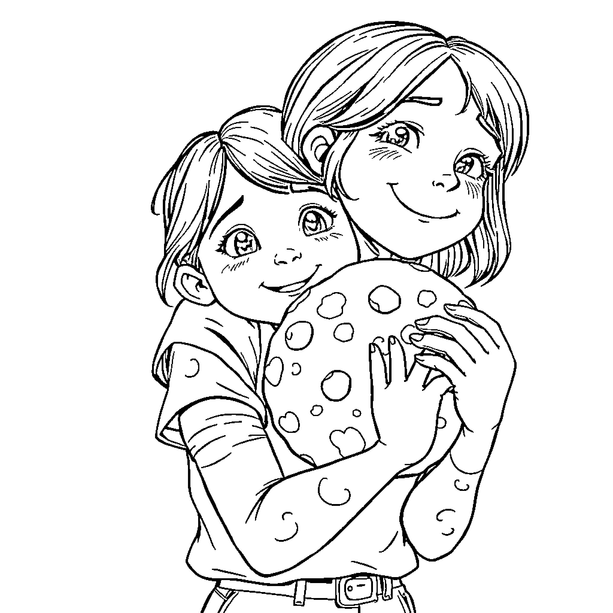 Girl embracing a friend with affection Coloring Page (free black-and-white line drawing printable PDF for all, from beginners to advanced learners, including children, teens, adults, and seniors)