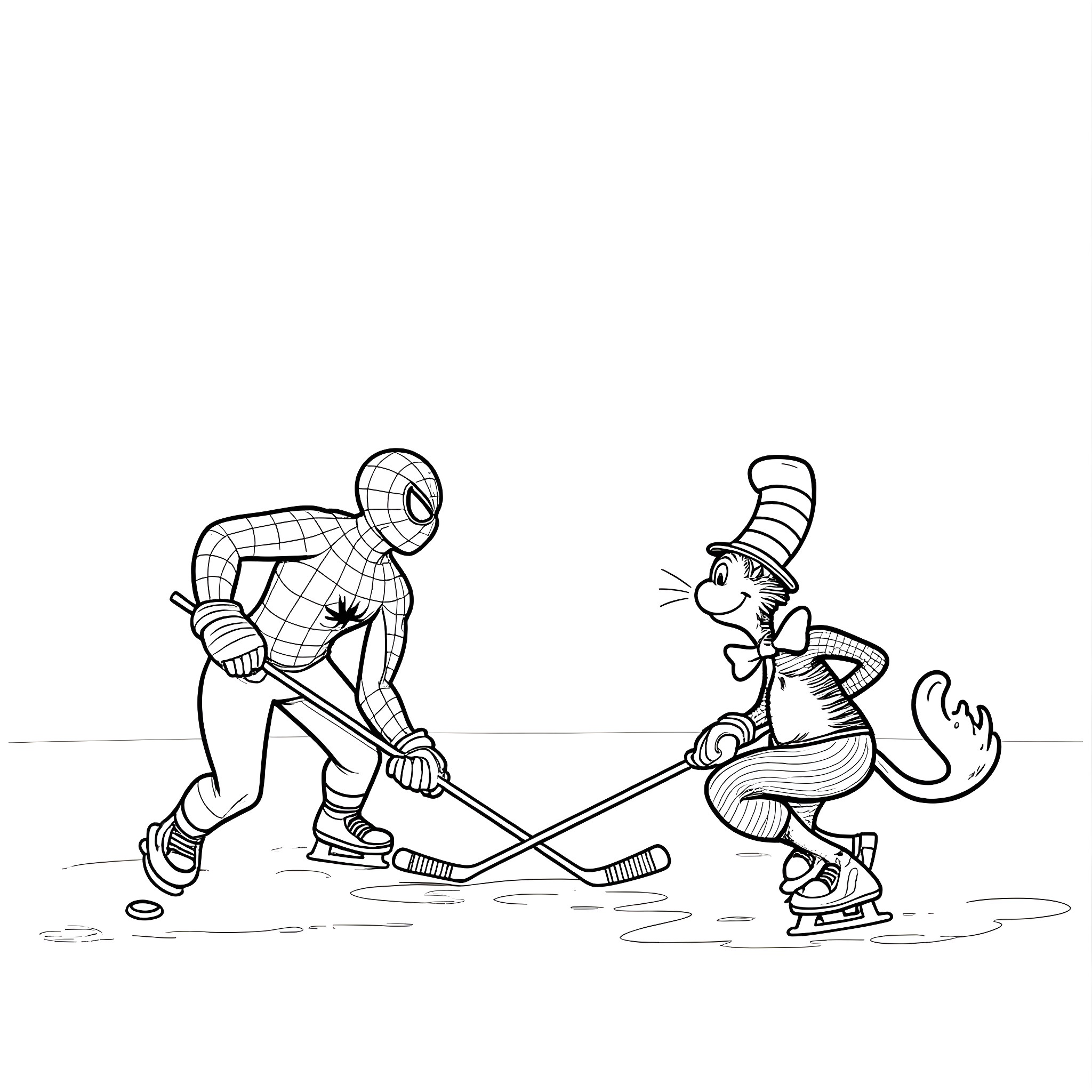 Spiderman playing hockey with Cat in the Hat Coloring Page (free black-and-white line drawing printable PDF for all, from beginners to advanced learners, including children, teens, adults, and seniors)