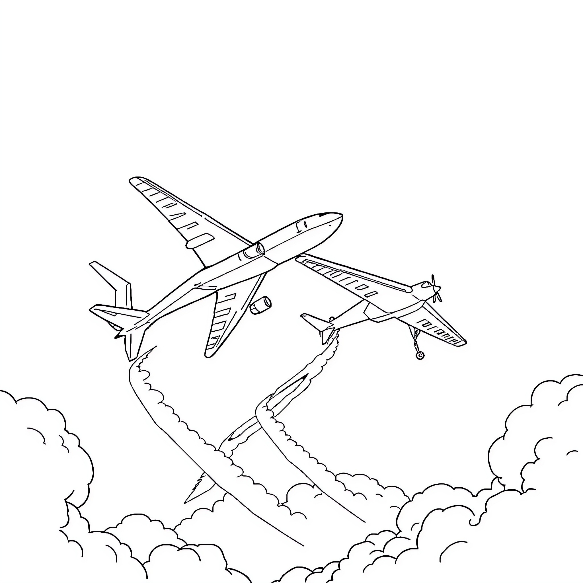 Parachute-equipped aircraft soaring through the clouds Coloring Page (free black-and-white line drawing printable PDF for all, from beginners to advanced learners, including children, teens, adults, and seniors)
