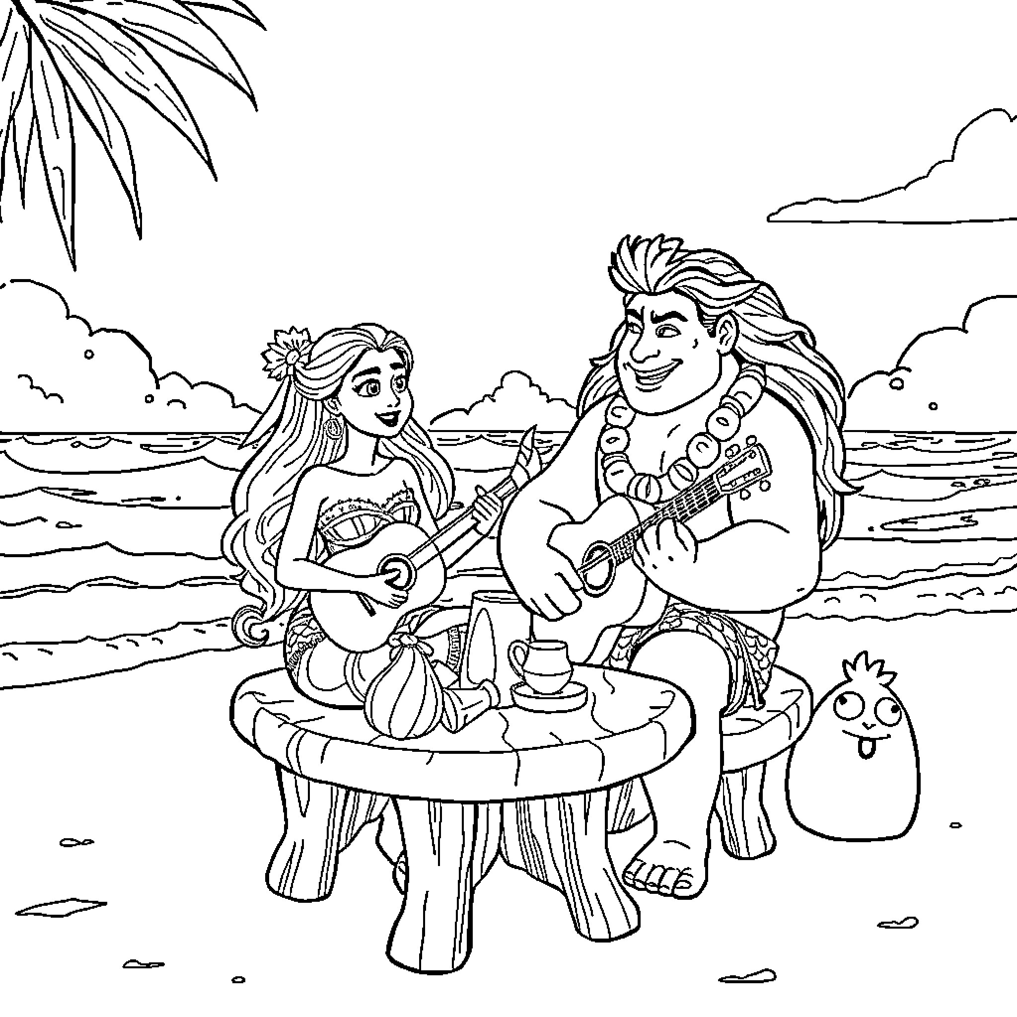 Vaiana enjoying music and company on the beach Coloring Page (free black-and-white line drawing printable PDF for all, from beginners to advanced learners, including children, teens, adults, and seniors)