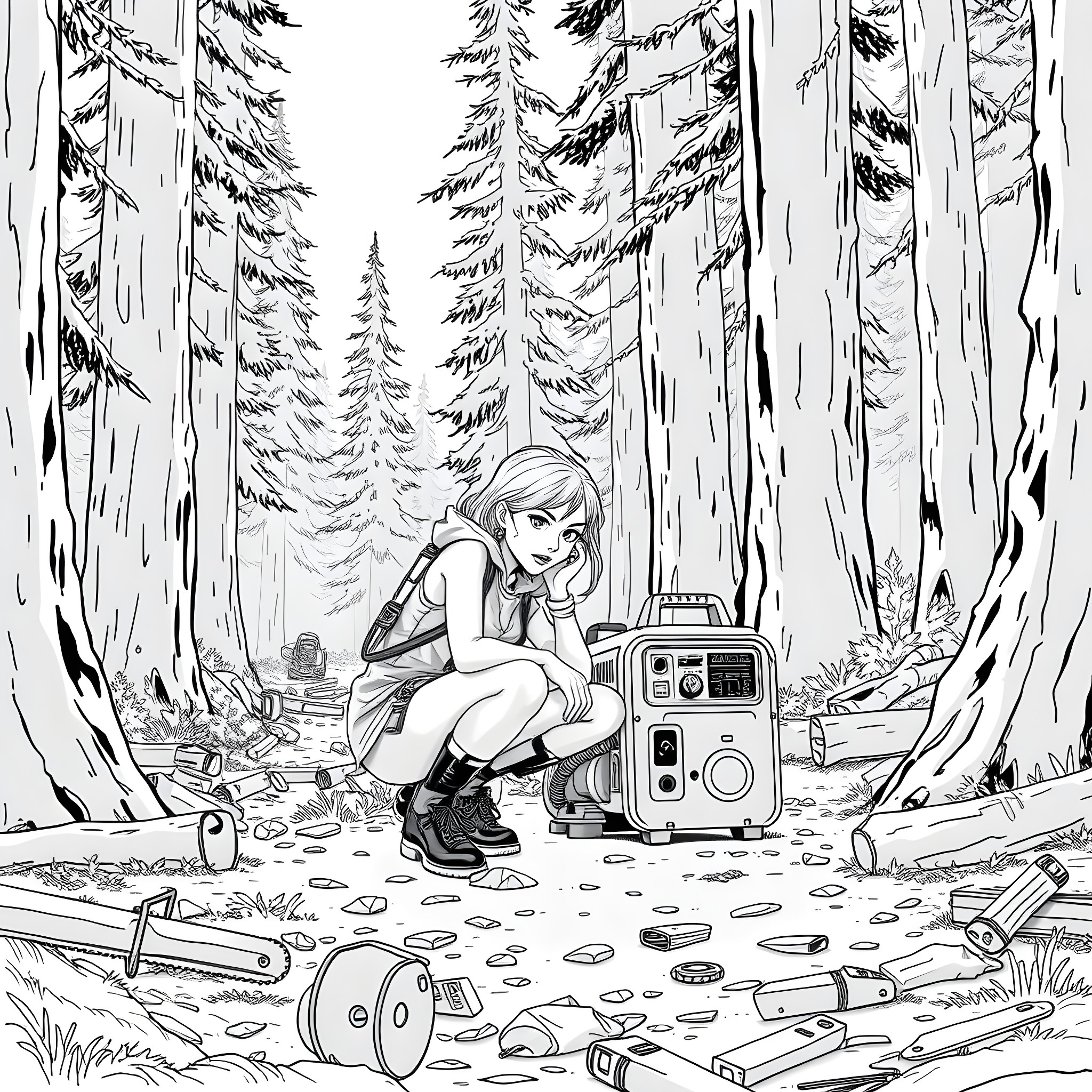 Claudette exploring the wilderness with her camping gear Coloring Page (free black-and-white line drawing printable PDF for all, from beginners to advanced learners, including children, teens, adults, and seniors)