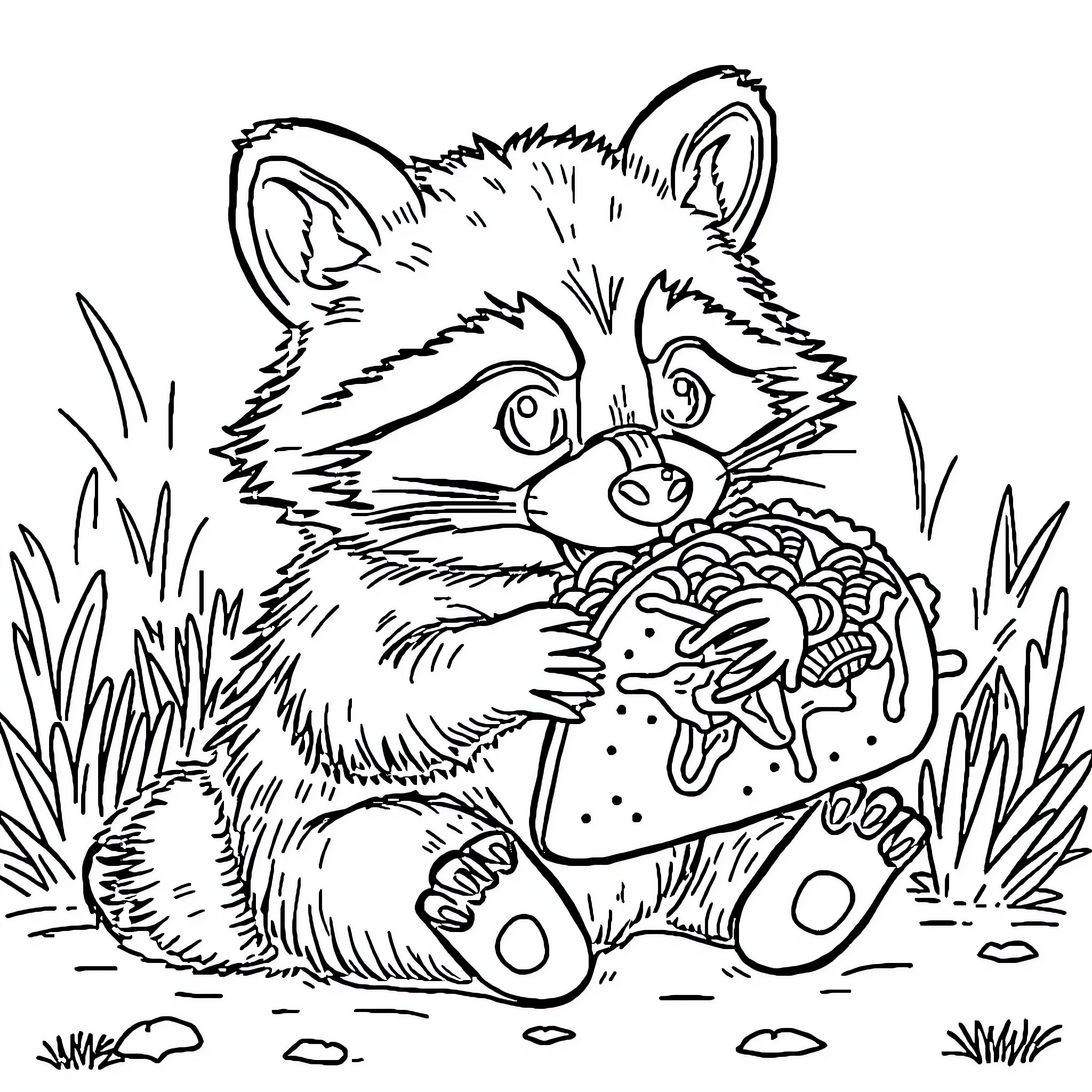 Raccoon enjoying a tasty snack in the wild Coloring Page (free black-and-white line drawing printable PDF for all, from beginners to advanced learners, including children, teens, adults, and seniors)