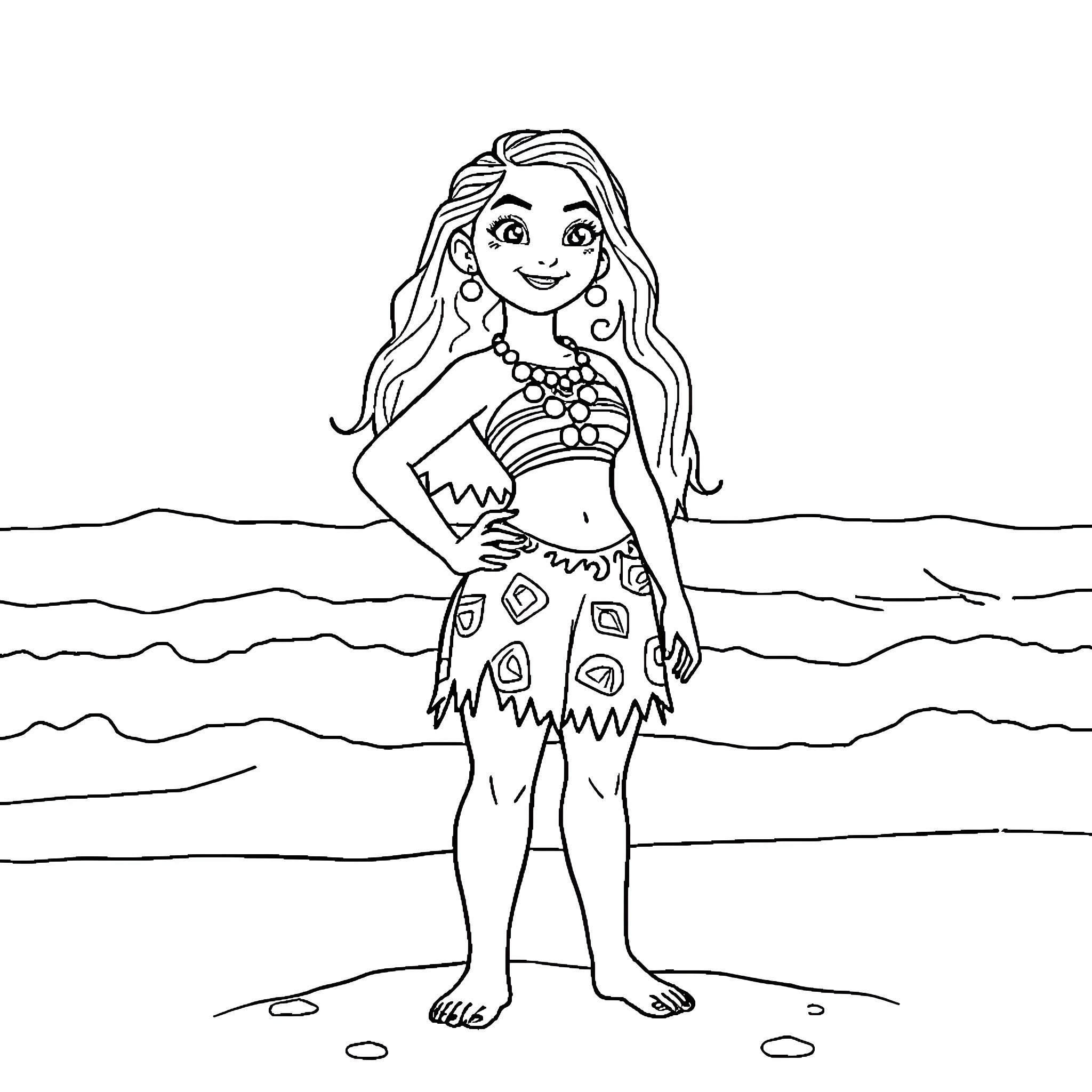 Moana exploring the ocean and beach Coloring Page (free black-and-white line drawing printable PDF for all, from beginners to advanced learners, including children, teens, adults, and seniors)