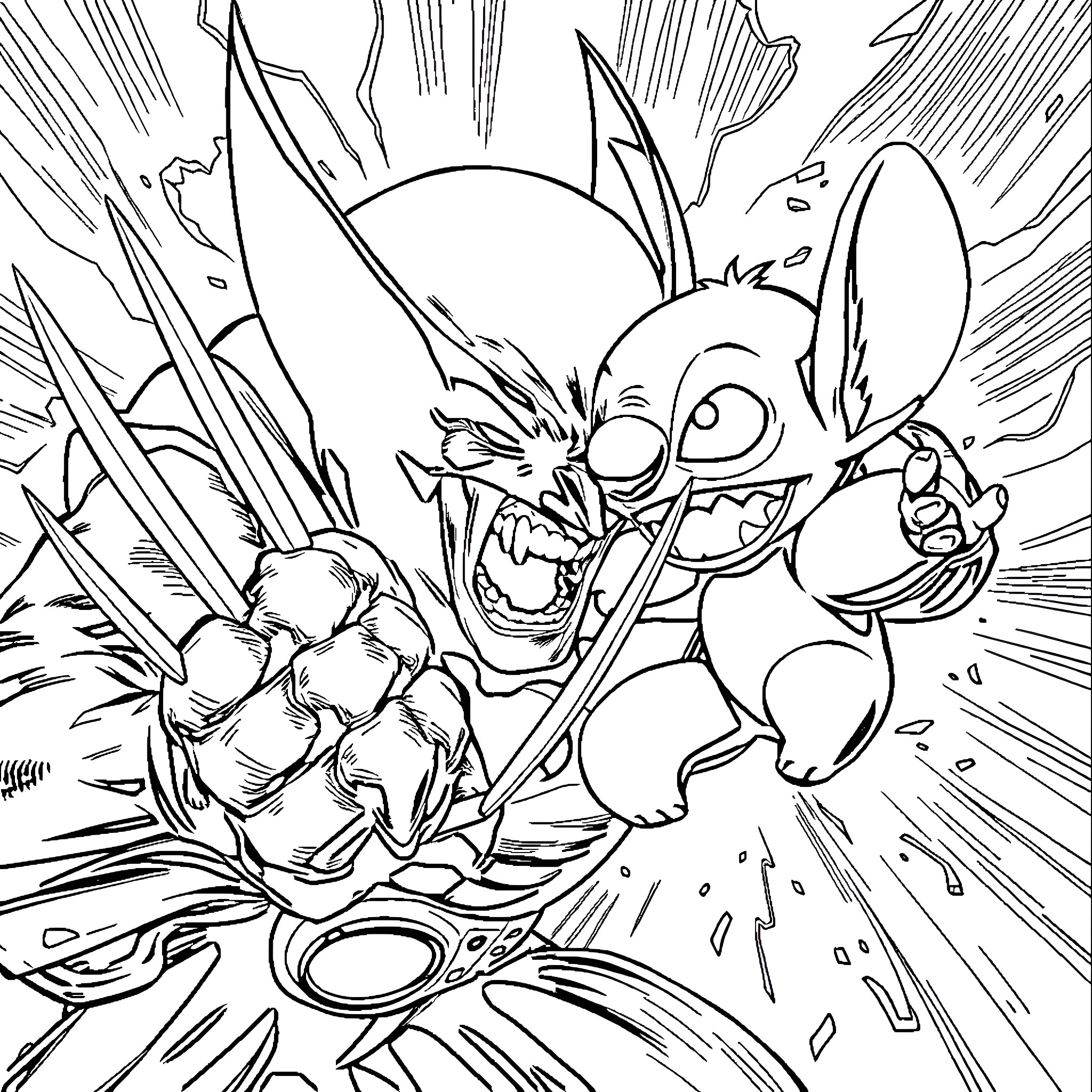 Wolverine's Intense Battle with a Ferocious Creature Coloring Page (free black-and-white line drawing printable PDF for all, from beginners to advanced learners, including children, teens, adults, and seniors)