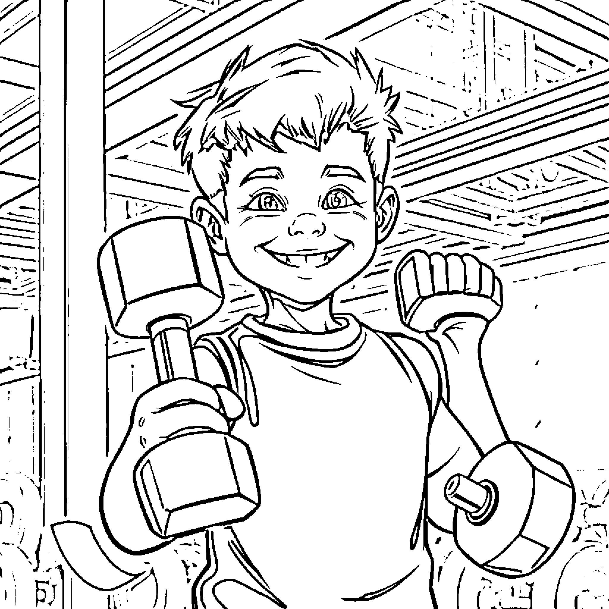 Boy fixing tools with a happy expression Coloring Page (free black-and-white line drawing printable PDF for all, from beginners to advanced learners, including children, teens, adults, and seniors)