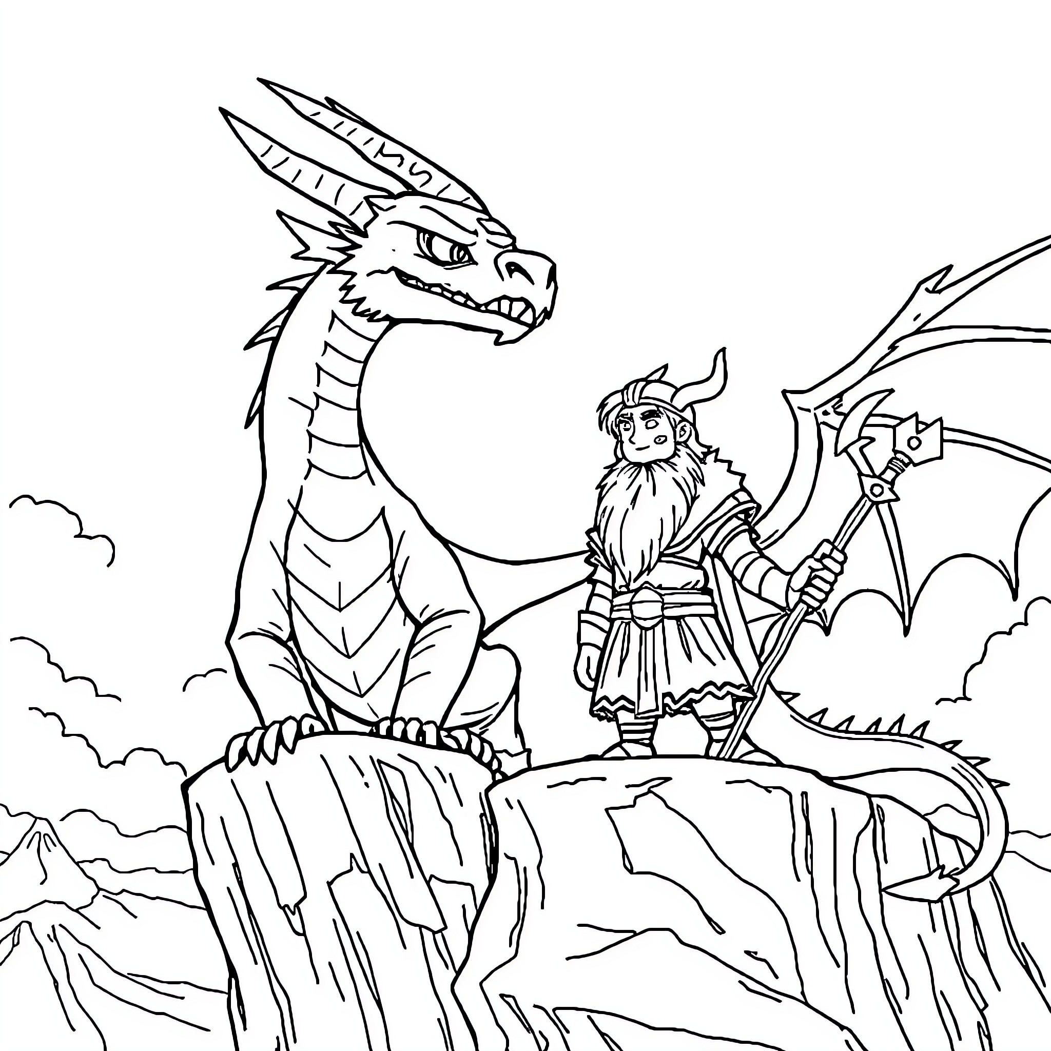 Krokmou and Daring Viking Warrior Facing Foe Coloring Page (free black-and-white line drawing printable PDF for all, from beginners to advanced learners, including children, teens, adults, and seniors)