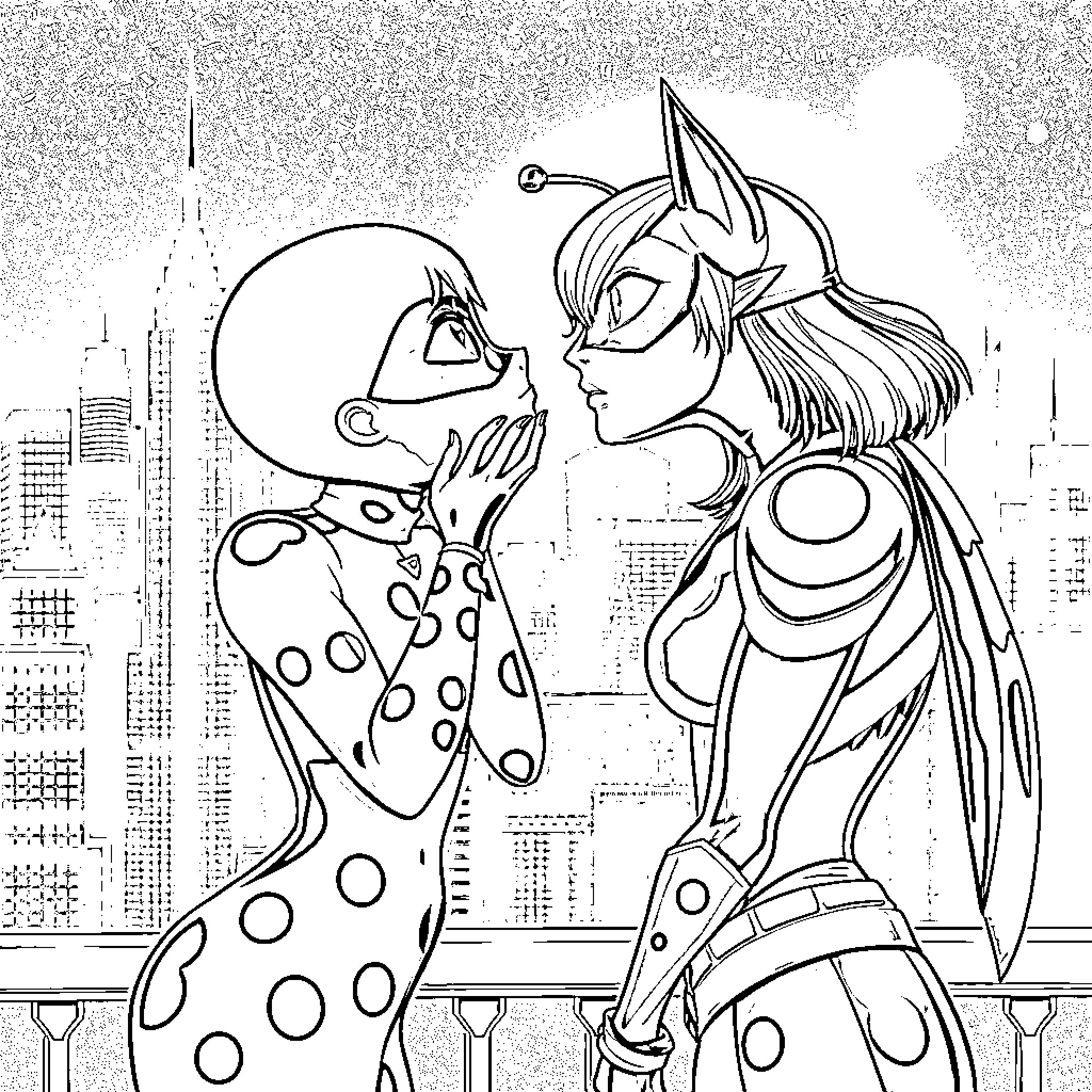 Ladybug couple interacting in city skyline Coloring Page (free black-and-white line drawing printable PDF for all, from beginners to advanced learners, including children, teens, adults, and seniors)