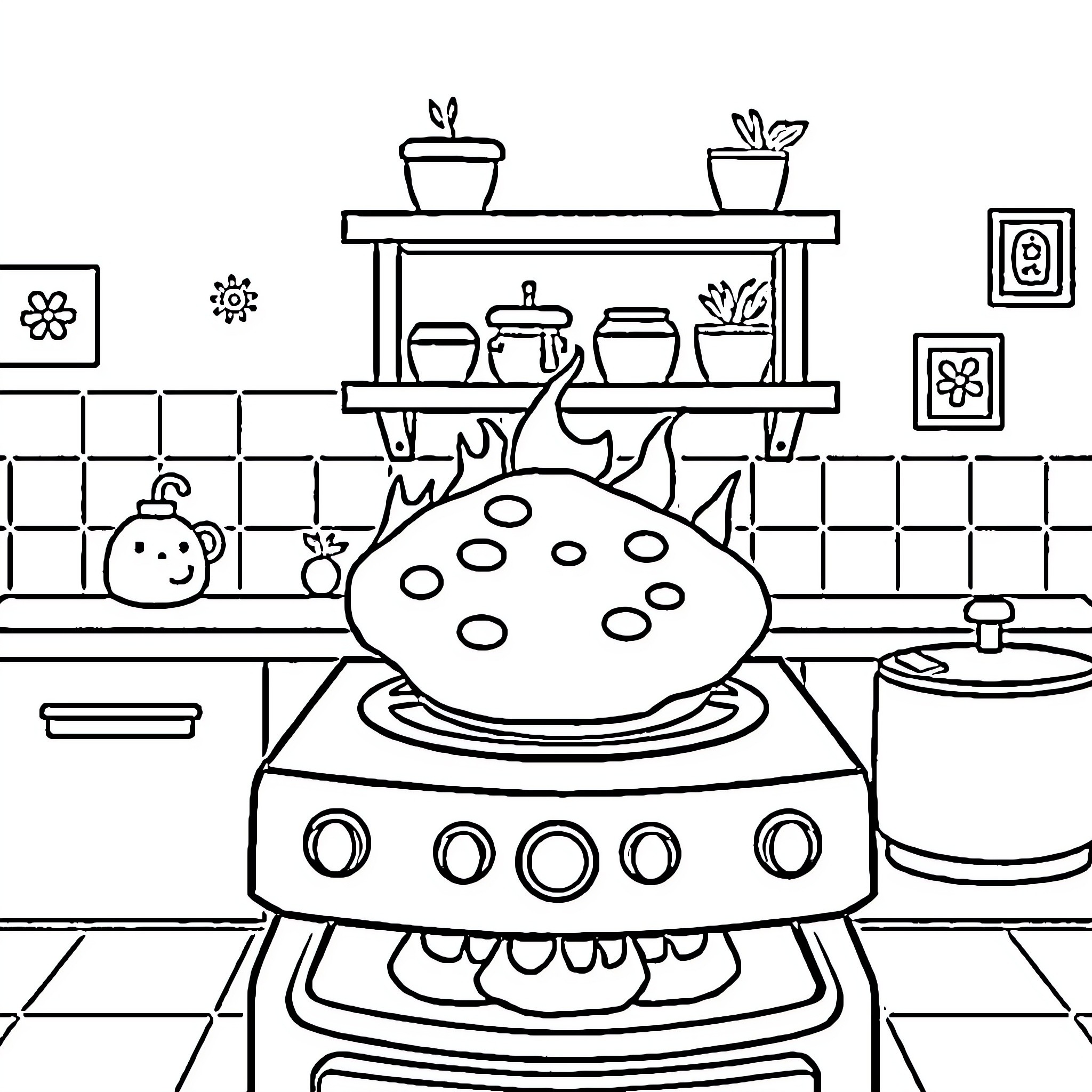 Chappathi cooking on stove in cozy kitchen Coloring Page (free black-and-white line drawing printable PDF for all, from beginners to advanced learners, including children, teens, adults, and seniors)