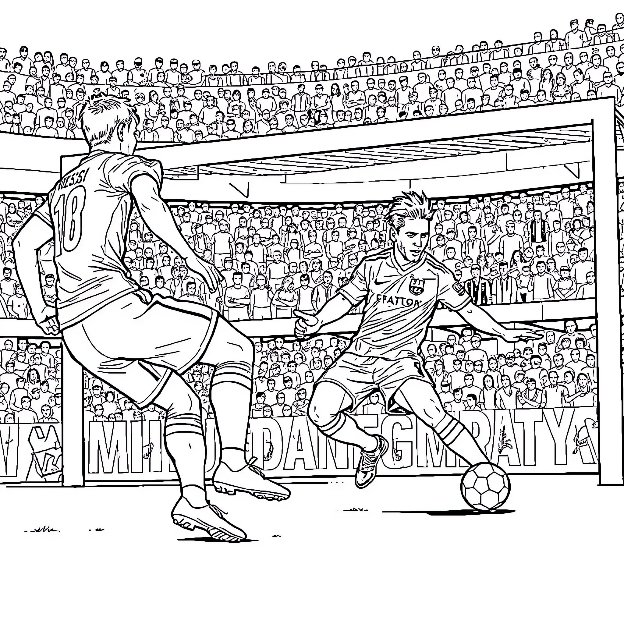 Messi dribbling skillfully on the field in front of the crowd Coloring Page (free black-and-white line drawing printable PDF for all, from beginners to advanced learners, including children, teens, adults, and seniors)