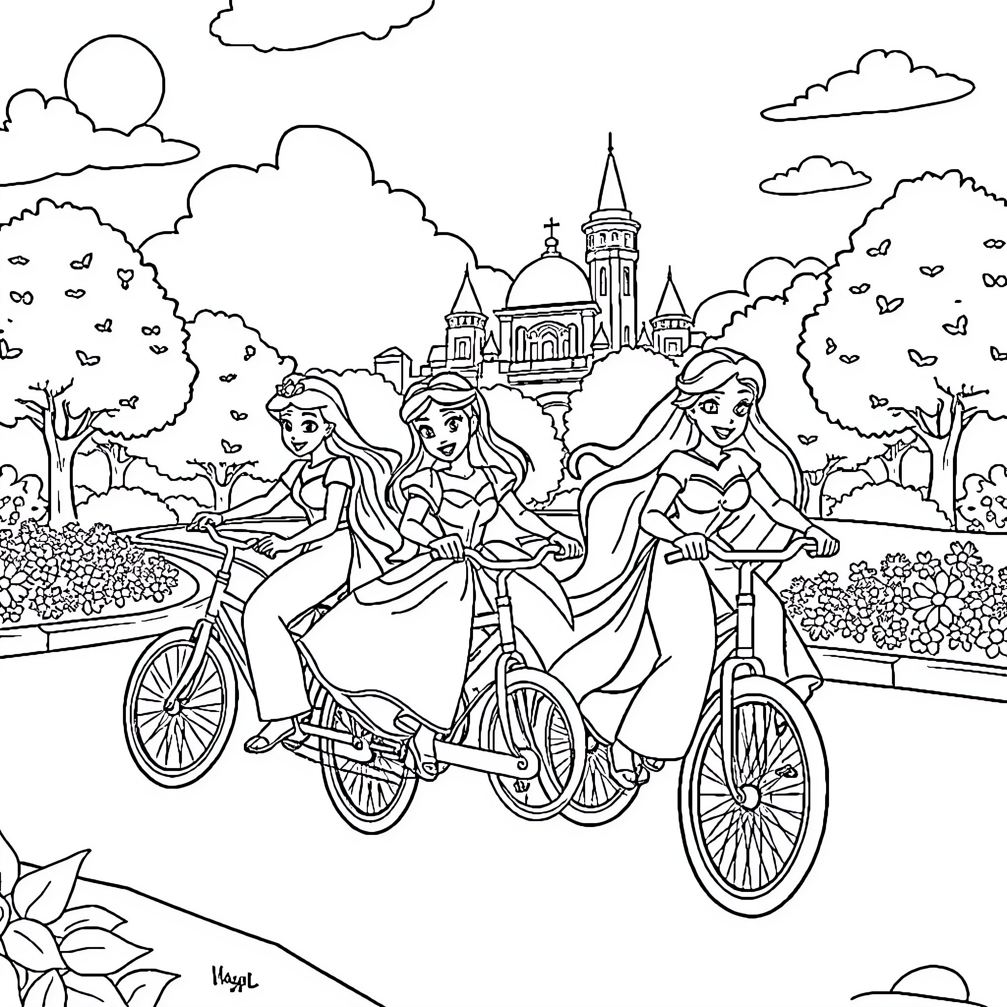 Disney Princess Joyful Bicycle Ride in Scenic Cityscape Coloring Page (free black-and-white line drawing printable PDF for all, from beginners to advanced learners, including children, teens, adults, and seniors)