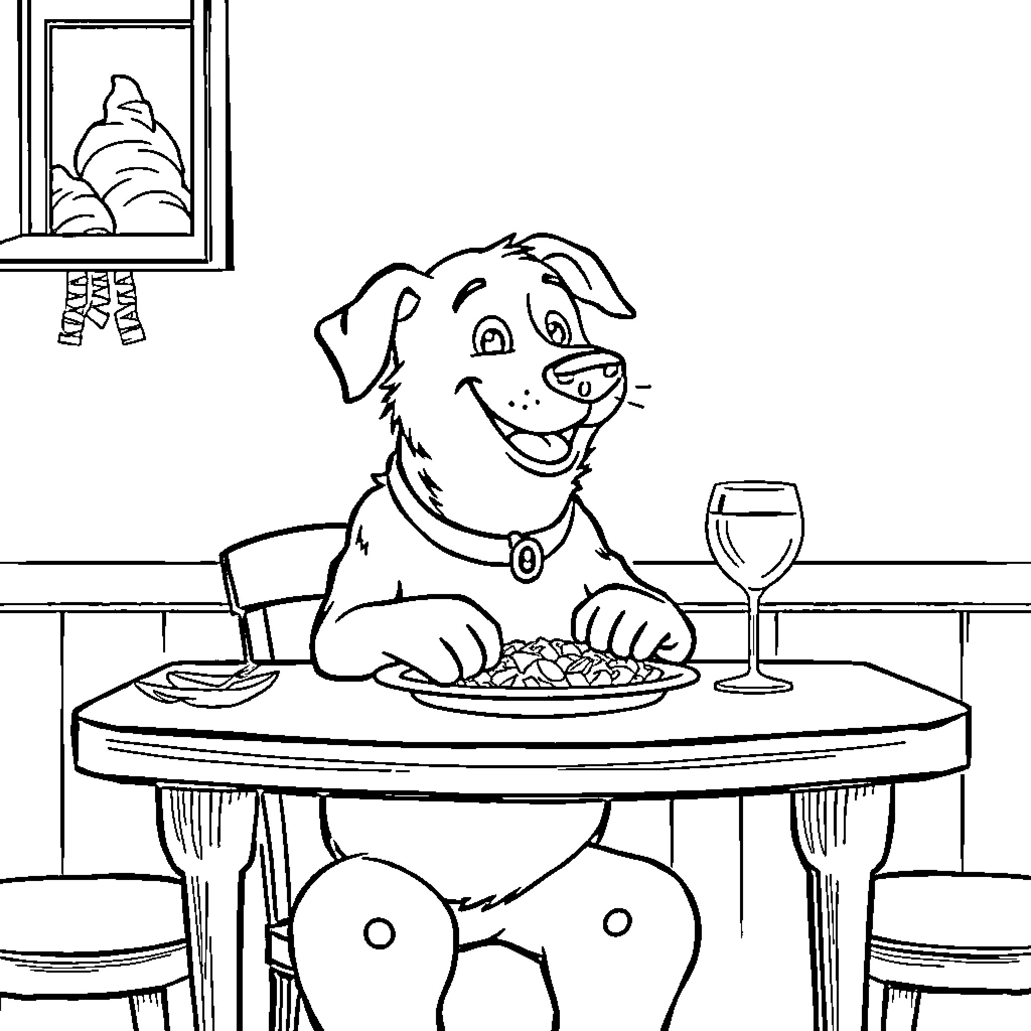 Dog enjoying meal and wine at restaurant Coloring Page (free black-and-white line drawing printable PDF for all, from beginners to advanced learners, including children, teens, adults, and seniors)
