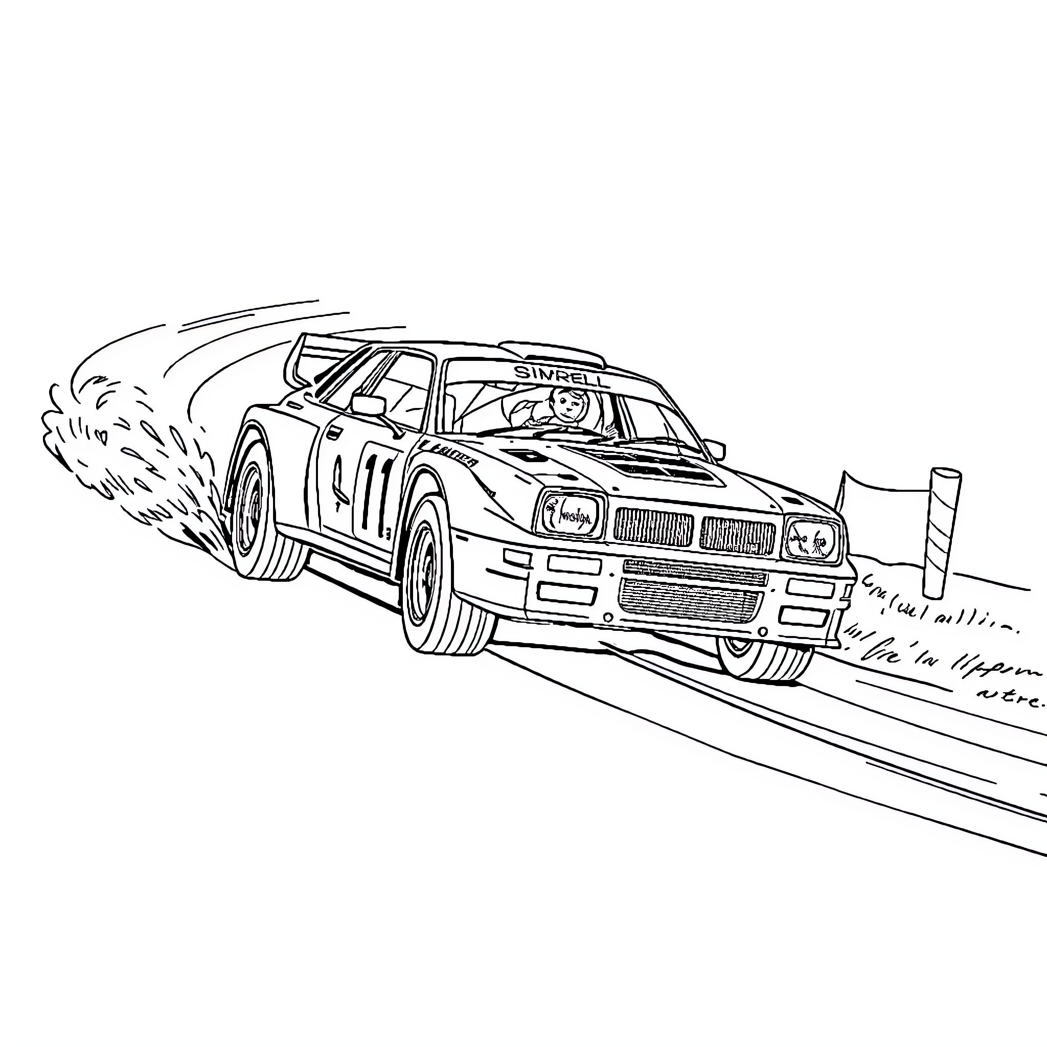Rally Car speeding through a dirt track Coloring Page (free black-and-white line drawing printable PDF for all, from beginners to advanced learners, including children, teens, adults, and seniors)
