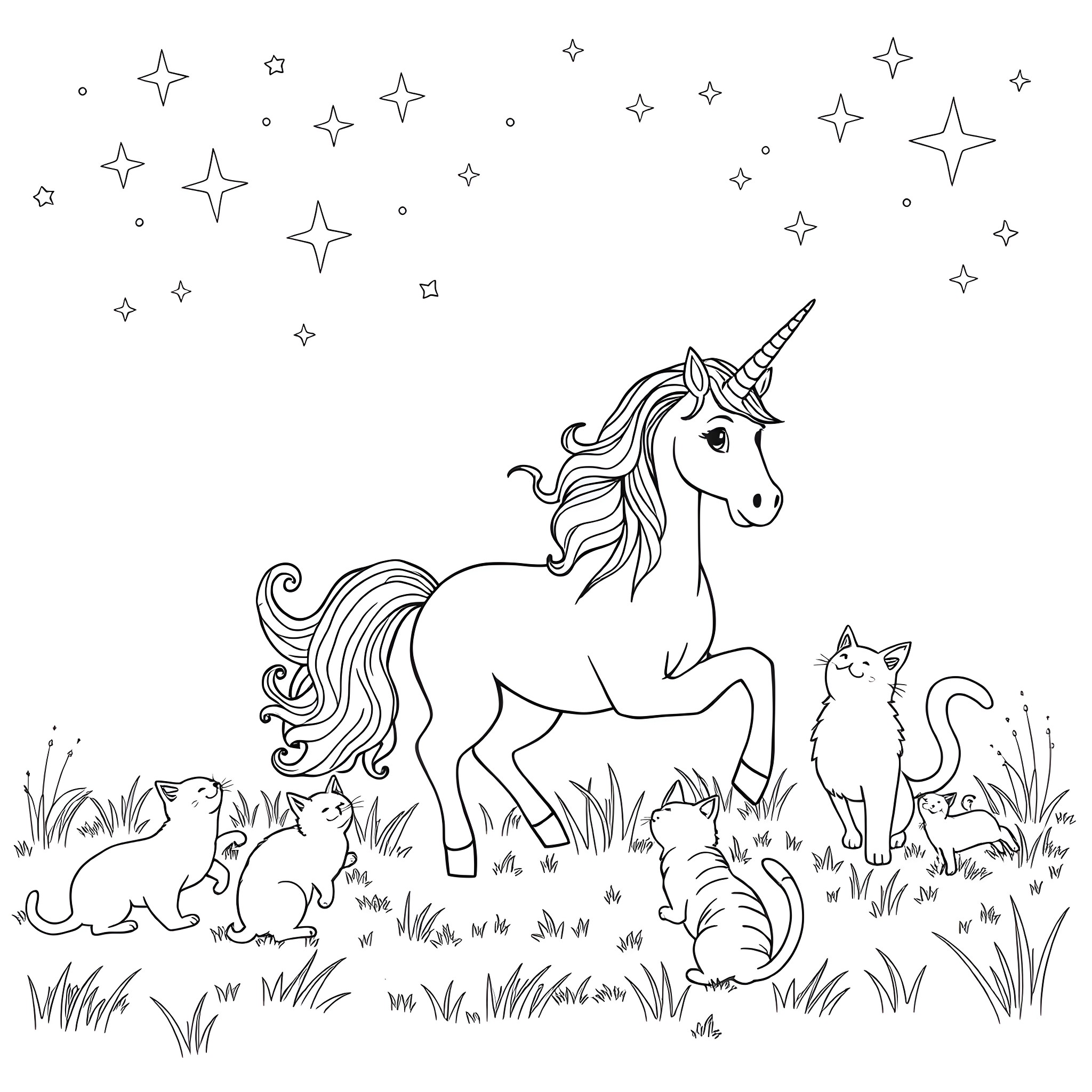 Unicorn in a Magical Forest with Cats Coloring Page (free black-and-white line drawing printable PDF for all, from beginners to advanced learners, including children, teens, adults, and seniors)